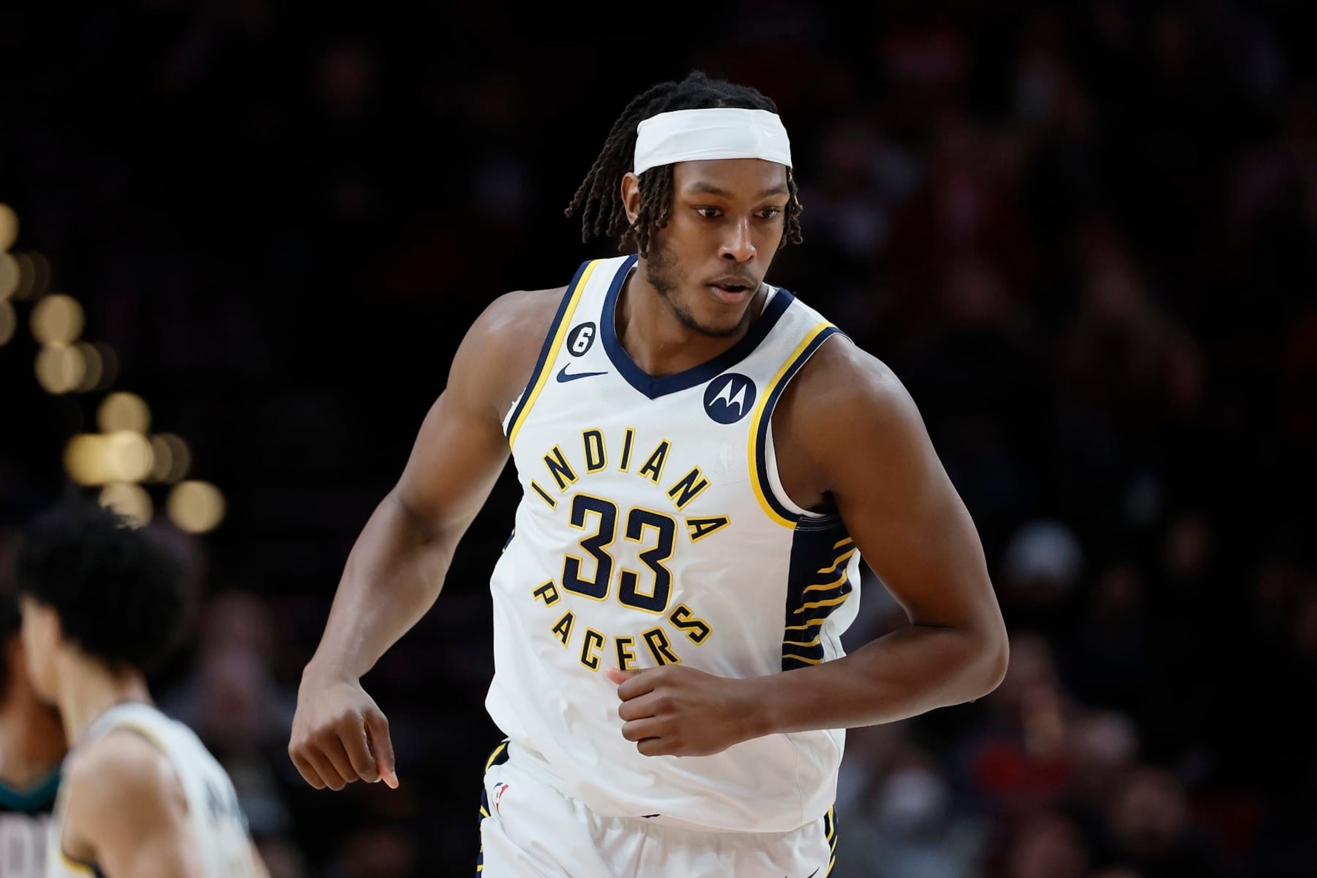 PORTLAND, OREGON - DECEMBER 04: Myles Turner #33 of the Indiana Pacers reacts during the first half against the Portland Trail Blazers at Moda Center on December 04, 2022 in Portland, Oregon. NOTE TO USER: User expressly acknowledges and agrees that, by downloading and or using this photograph, User is consenting to the terms and conditions of the Getty Images License Agreement. (Photo by Soobum Im/Getty Images) PORTLAND, OREGON - DECEMBER 04: Myles Turner #33 of the Indiana Pacers reacts during the first half against the Portland Trail Blazers at Moda Center on December 04, 2022 in Portland, Oregon. NOTE TO USER: User expressly acknowledges and agrees that, by downloading and or using this photograph, User is consenting to the terms and conditions of the Getty Images License Agreement. (Photo by Soobum Im/Getty Images)