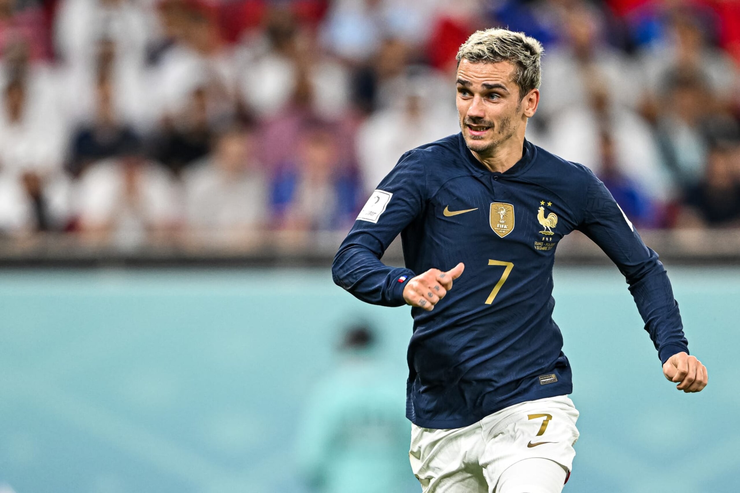 DOHA, QATAR - DECEMBER 04: Antoine Griezmann of France Looks on during the FIFA World Cup Qatar 2022 Round of 16 match between France and Poland at Al Thumama Stadium on December 4, 2022 in Doha, Qatar. (Photo by Harry Langer/DeFodi Images via Getty Images)