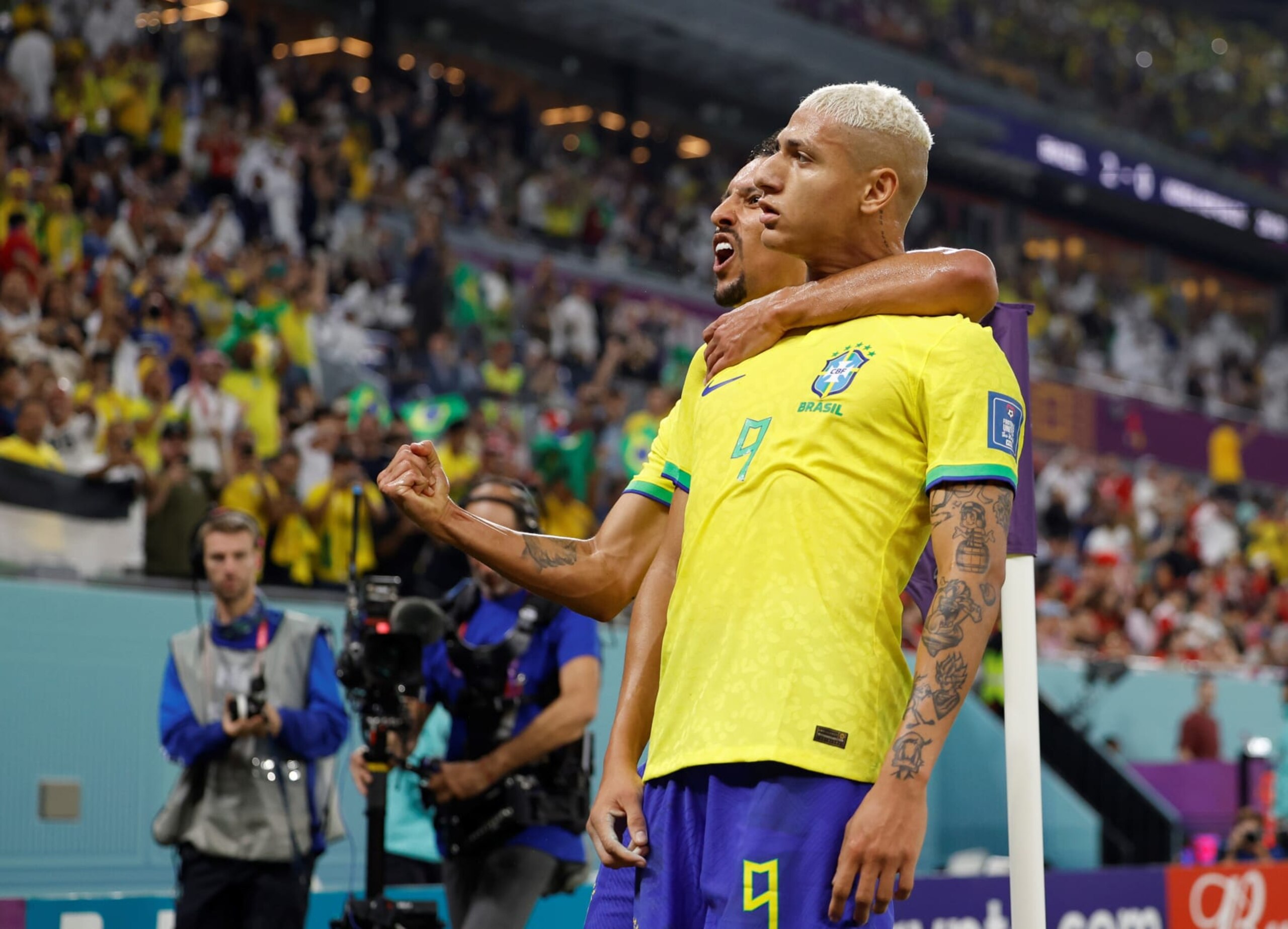 Richarlison R of Brazil celebrates after scoring team's third goal during the Round of 16 match between Brazil and South Korea at the 2022 FIFA World Cup at Stadium 974 in Doha, Qatar, Dec. 5, 2022. (Photo by Wang Lili/Xinhua via Getty Images)