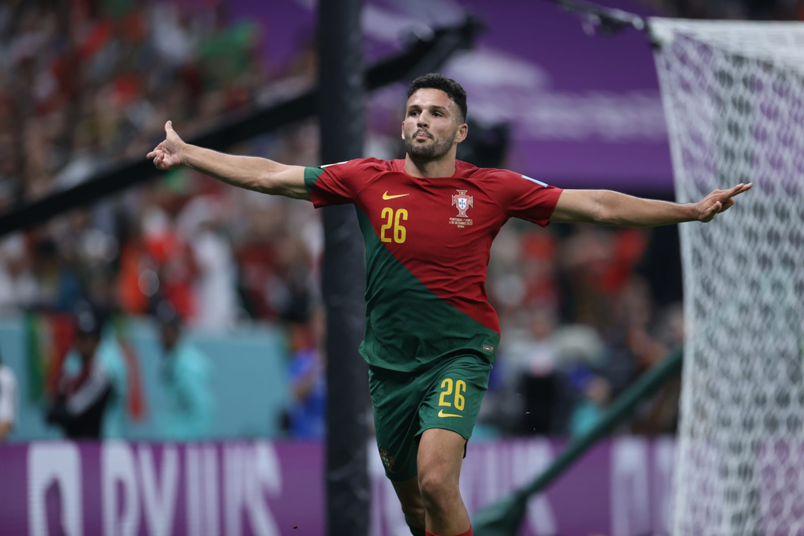 LUSAIL CITY, QATAR - DECEMBER 06: Goncalo Matias Ramos (26) of Portugal celebrates after scoring a goal during the FIFA World Cup Qatar 2022 Round of 16 match between Portugal and Switzerland at Lusail Stadium on December 06, 2022 in Lusail City, Qatar. (Photo by Fareed Kotb/Anadolu Agency via Getty Images)