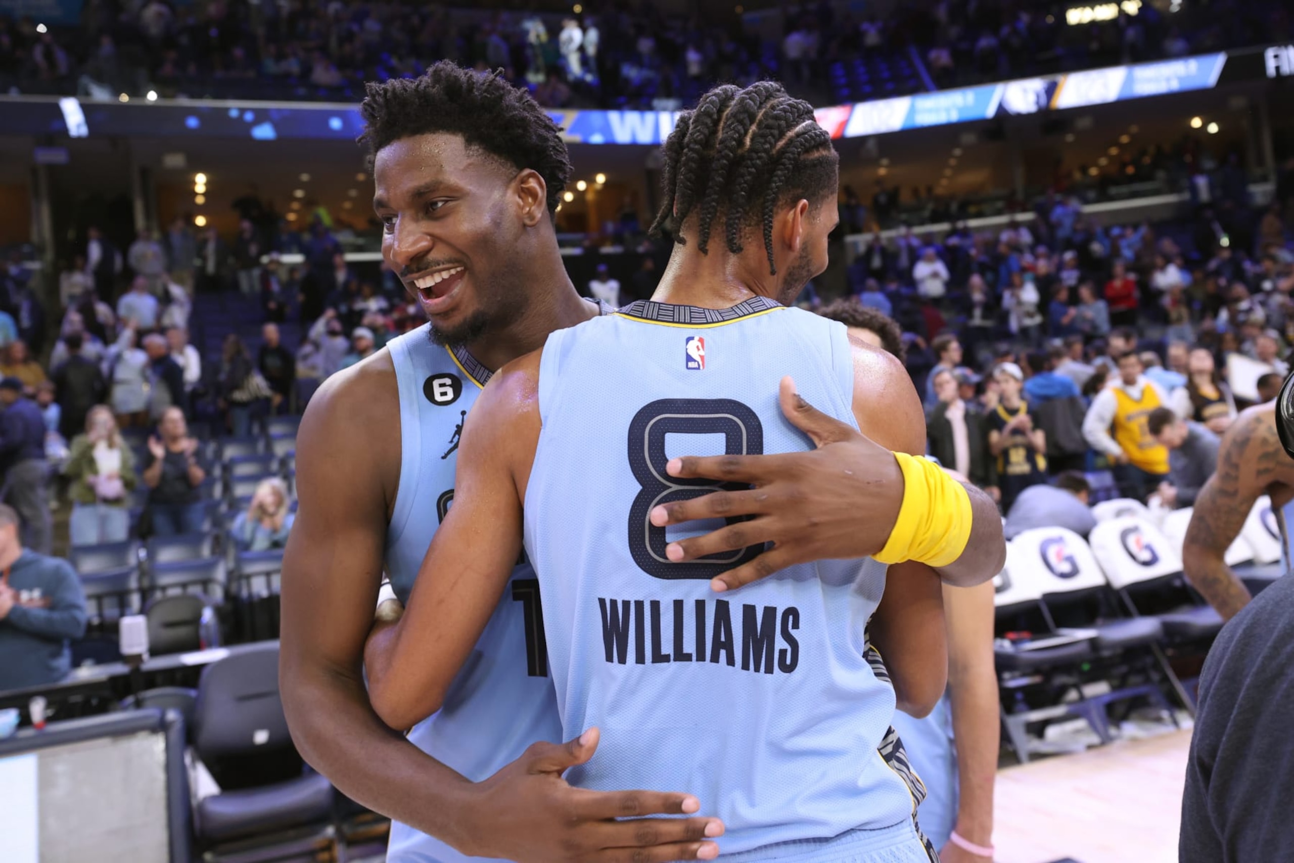 MEMPHIS, TN - DECEMBER 7: Jaren Jackson Jr. #13 and Ziaire Williams #8 of the Memphis Grizzlies after the game against the Oklahoma City Thunder on December 7, 2022 at FedExForum in Memphis, Tennessee. NOTE TO USER: User expressly acknowledges and agrees that, by downloading and or using this photograph, User is consenting to the terms and conditions of the Getty Images License Agreement. Mandatory Copyright Notice: Copyright 2022 NBAE (Photo by Joe Murphy/NBAE via Getty Images) MEMPHIS, TN - DECEMBER 7: Jaren Jackson Jr. #13 and Ziaire Williams #8 of the Memphis Grizzlies after the game against the Oklahoma City Thunder on December 7, 2022 at FedExForum in Memphis, Tennessee. NOTE TO USER: User expressly acknowledges and agrees that, by downloading and or using this photograph, User is consenting to the terms and conditions of the Getty Images License Agreement. Mandatory Copyright Notice: Copyright 2022 NBAE (Photo by Joe Murphy/NBAE via Getty Images)