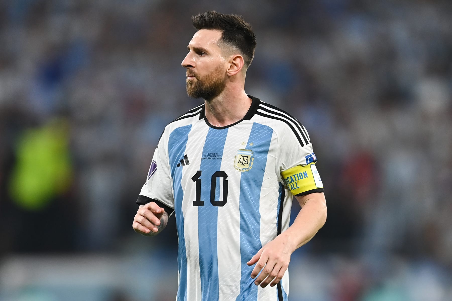 DOHA, QATAR - DECEMBER 03: Lionel Messi of Argentina looks on during the FIFA World Cup Qatar 2022 Round of 16 match between Argentina and Australia at Ahmad Bin Ali Stadium on December 03, 2022 in Doha, Qatar. (Photo by David Ramos - FIFA/FIFA via Getty Images)