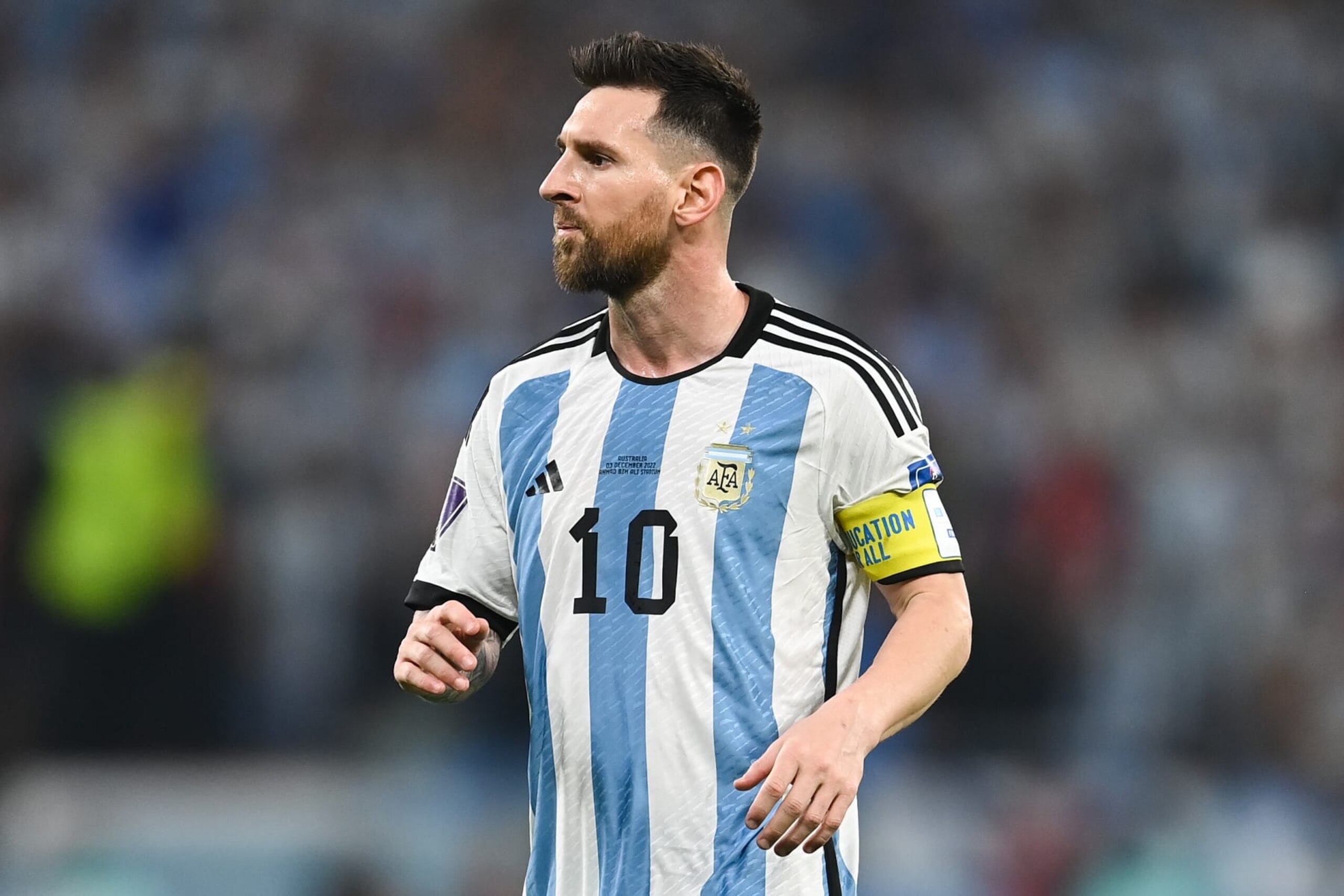 DOHA, QATAR - DECEMBER 03: Lionel Messi of Argentina looks on during the FIFA World Cup Qatar 2022 Round of 16 match between Argentina and Australia at Ahmad Bin Ali Stadium on December 03, 2022 in Doha, Qatar. (Photo by David Ramos - FIFA/FIFA via Getty Images)