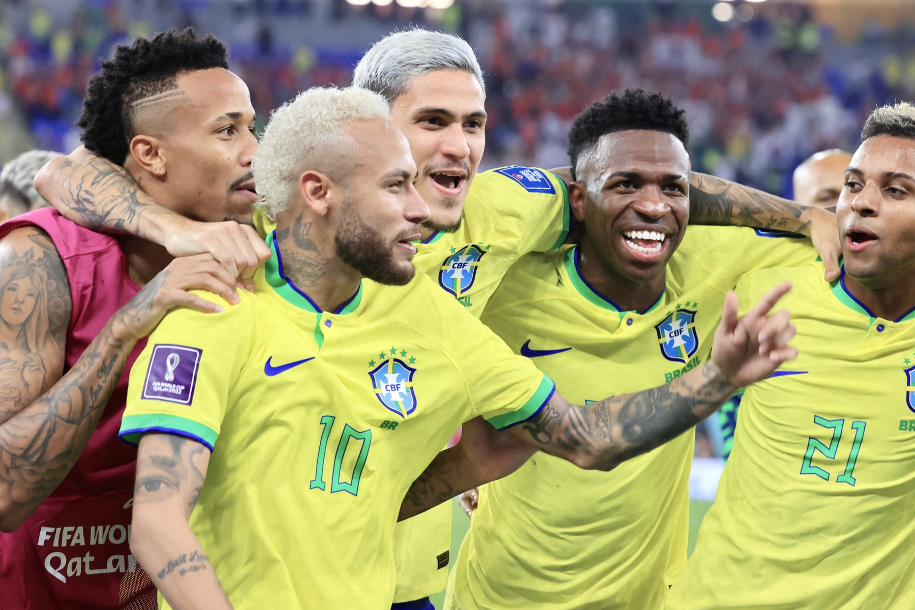 DOHA, QATAR - DECEMBER 05: Players of Brazil celebrate at the end of the FIFA World Cup Qatar 2022 Round of 16 match between Brazil and South Korea at Stadium 974 on December 05, 2022 in Doha, Qatar. (Photo by Mohammed Dabbous/Anadolu Agency via Getty Images)