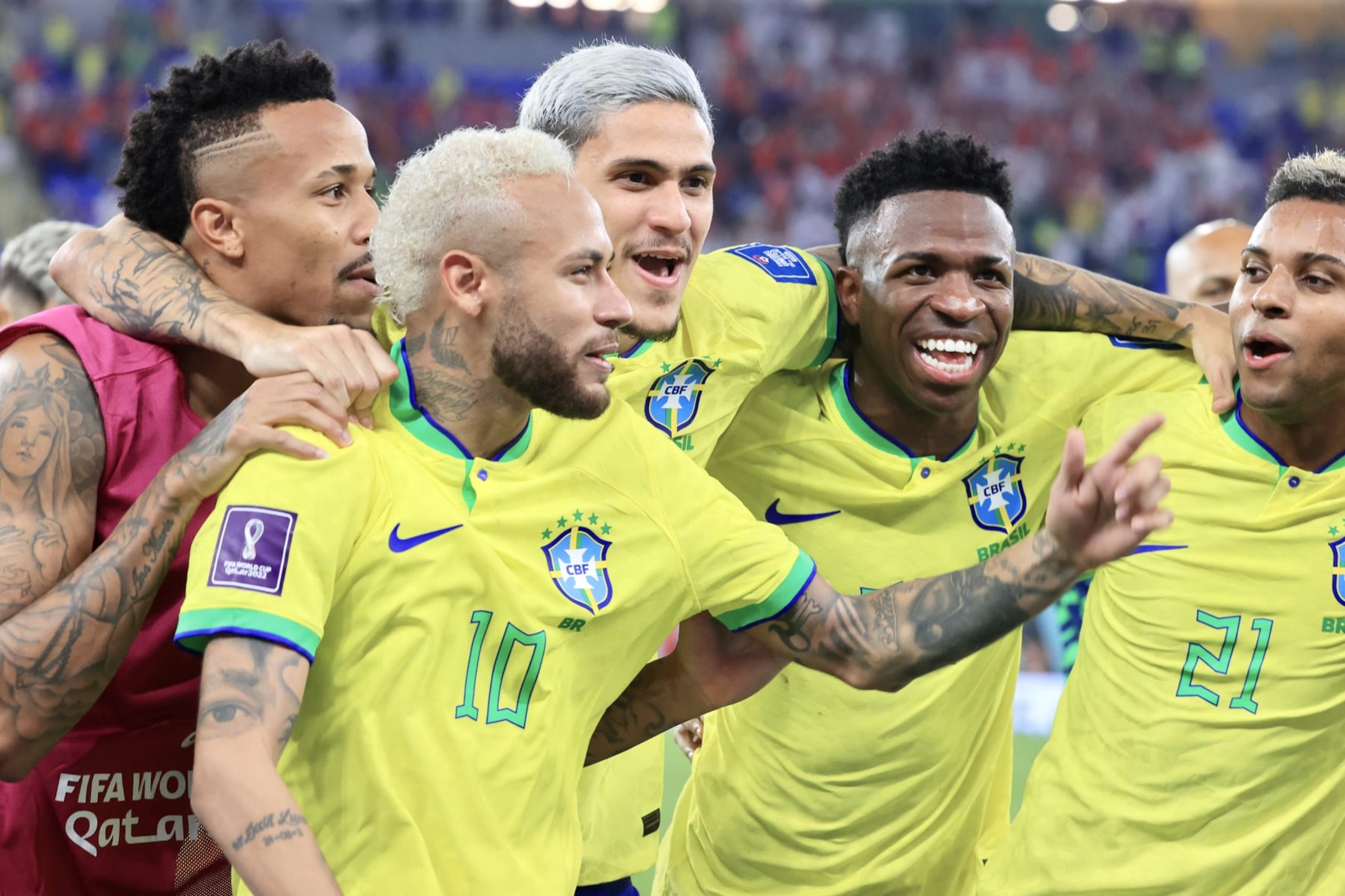 DOHA, QATAR - DECEMBER 05: Players of Brazil celebrate at the end of the FIFA World Cup Qatar 2022 Round of 16 match between Brazil and South Korea at Stadium 974 on December 05, 2022 in Doha, Qatar. (Photo by Mohammed Dabbous/Anadolu Agency via Getty Images)