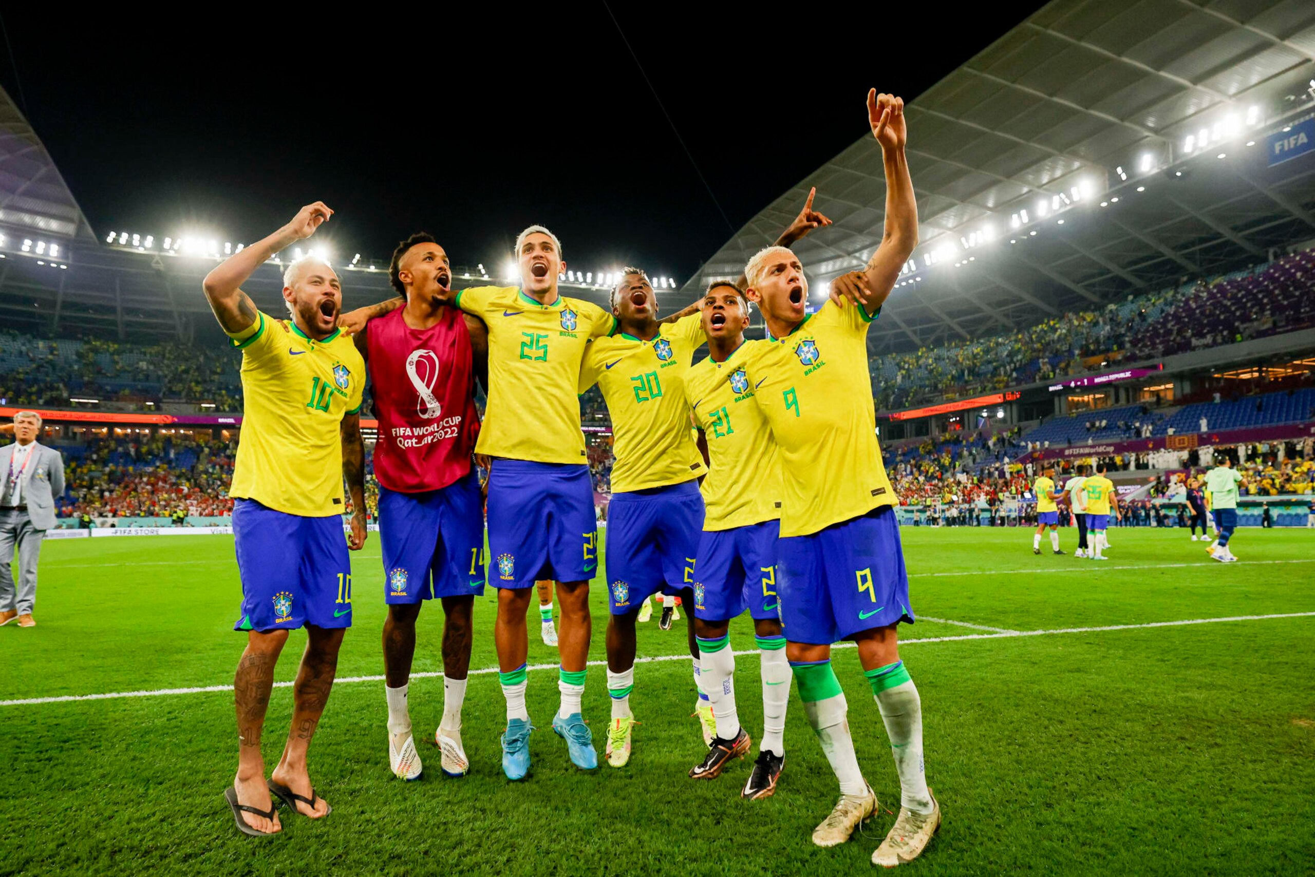DOHA, QATAR - DECEMBER 05: Neymar of Brazil, Eder Militao of Brazil, Pedro of Brazil, Vinicius Junior of Brazil, Rodrygo of Brazil and Richarlison of Brazil celebrate after winning the FIFA World Cup Qatar 2022 Round of 16 match between Brazil and South Korea at Stadium 974 on December 5, 2022 in Doha, Qatar. (Photo by Manuel Reino Berengui/DeFodi Images via Getty Images)