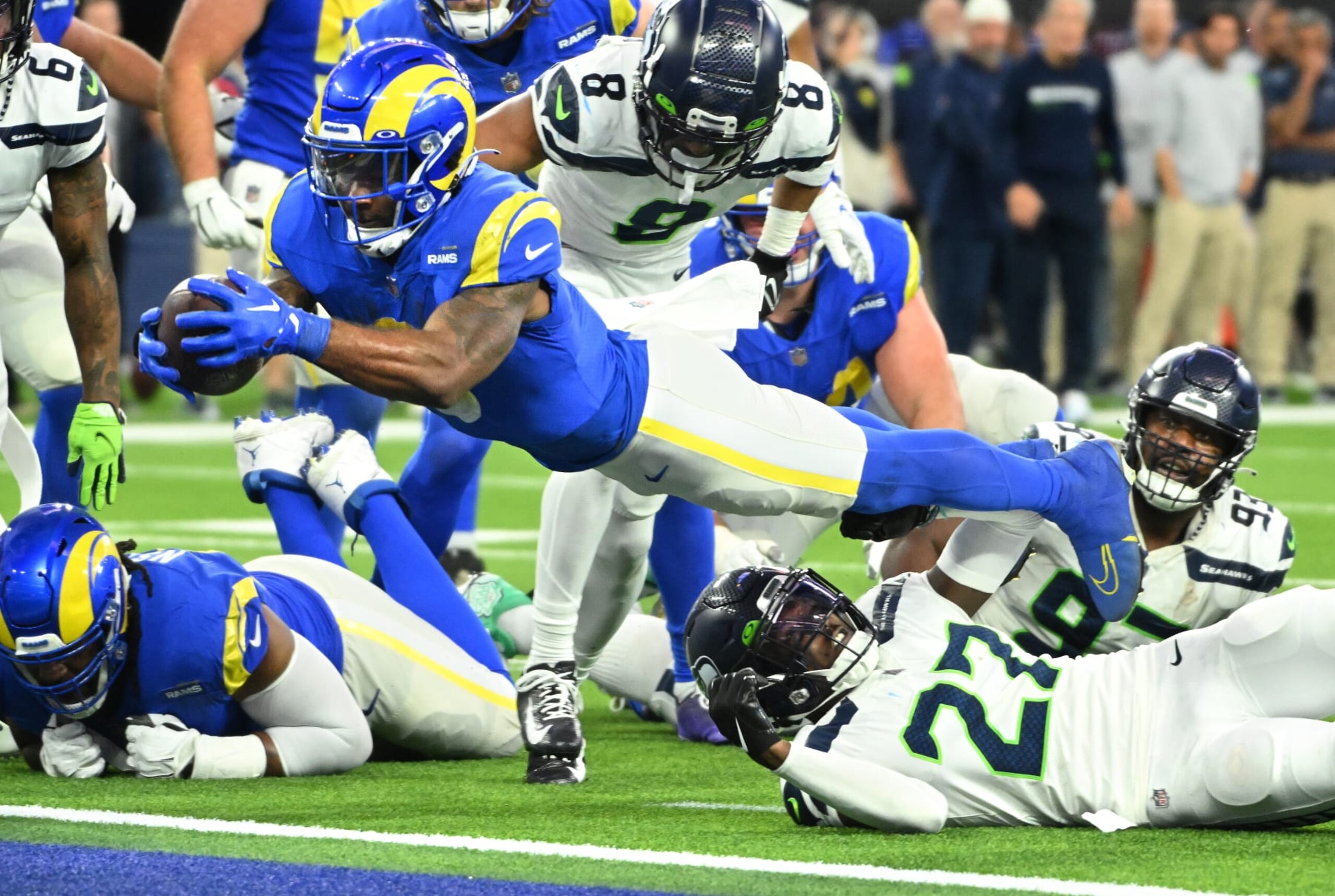 Los Angeles, California December 4, 2022-Rams running back Cam Akers dives for a touchdown against the Seahawks late in the fourth quarter at SoFi Stadium Sunday. (Wally Skalij/Los Angeles Times via Getty Images) Los Angeles, California December 4, 2022-Rams running back Cam Akers dives for a touchdown against the Seahawks late in the fourth quarter at SoFi Stadium Sunday. (Wally Skalij/Los Angeles Times via Getty Images)