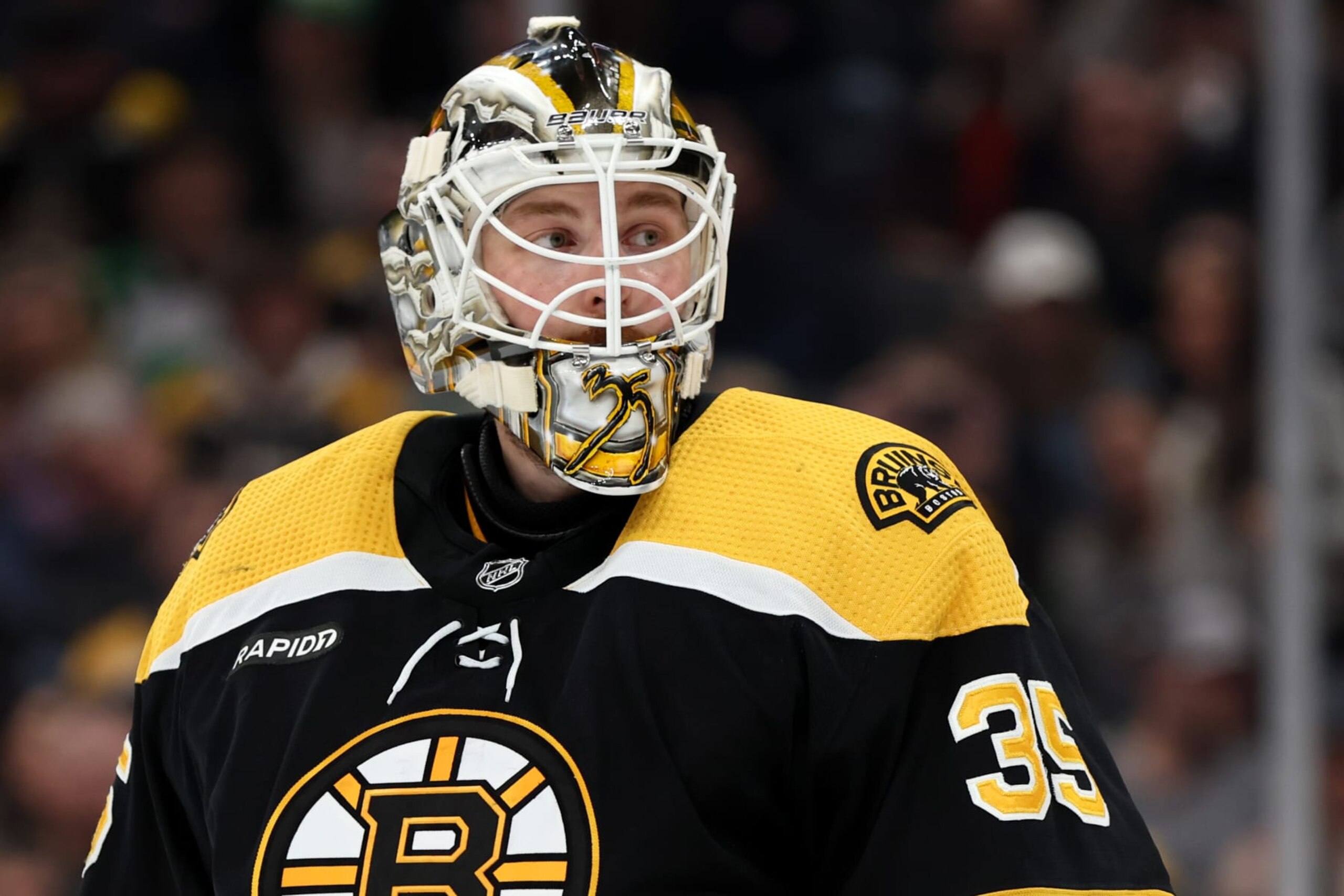 BOSTON, MASSACHUSETTS - OCTOBER 25: Linus Ullmark #35 of the Boston Bruins looks on against the Dallas Stars during the second period at TD Garden on October 25, 2022 in Boston, Massachusetts. (Photo by Maddie Meyer/Getty Images)