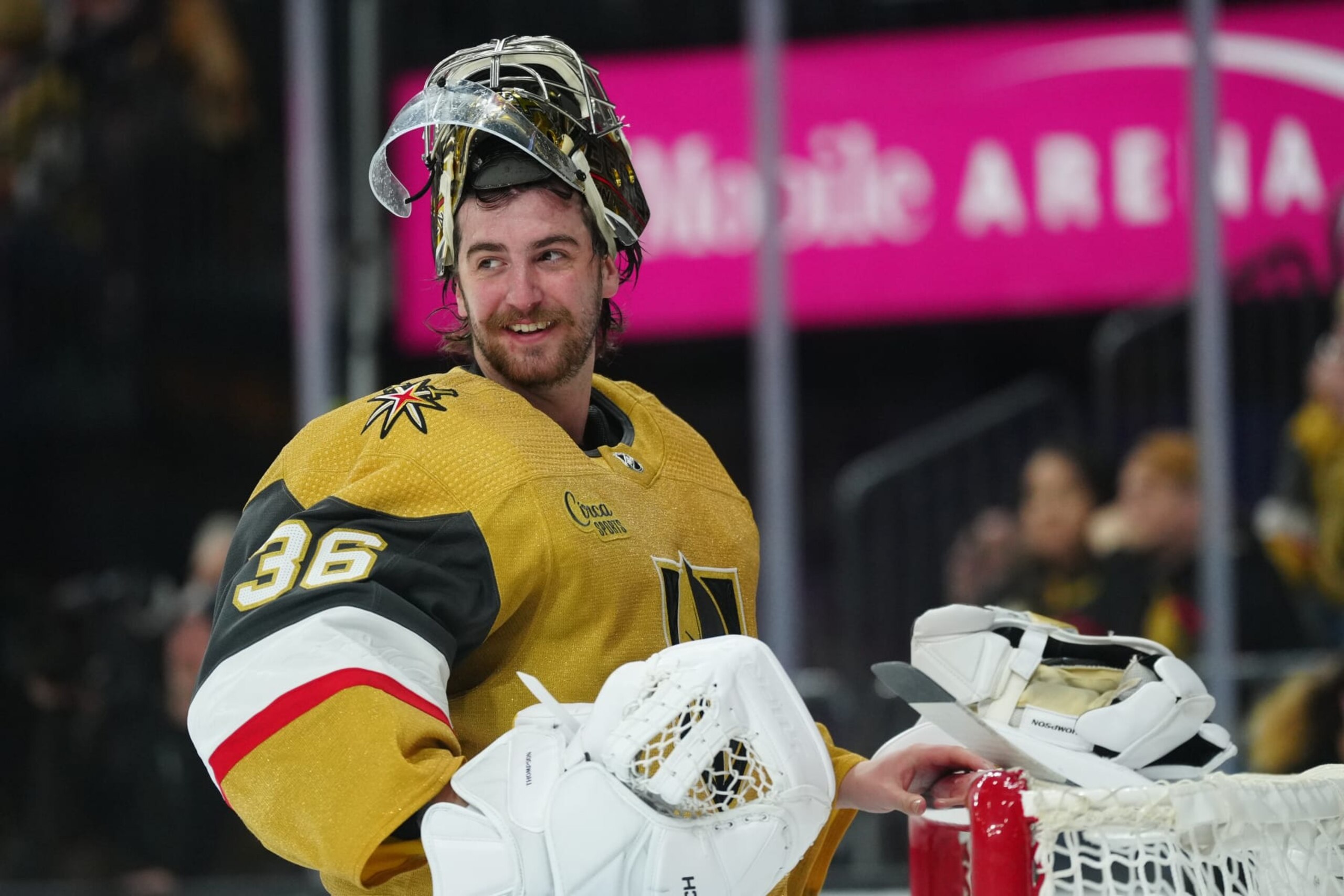 LAS VEGAS, NEVADA - DECEMBER 07: Logan Thompson #36 of the Vegas Golden Knights is seen during a stoppage in play against the New York Rangers at T-Mobile Arena on December 07, 2022 in Las Vegas, Nevada. (Photo by Jeff Bottari/NHLI via Getty Images)