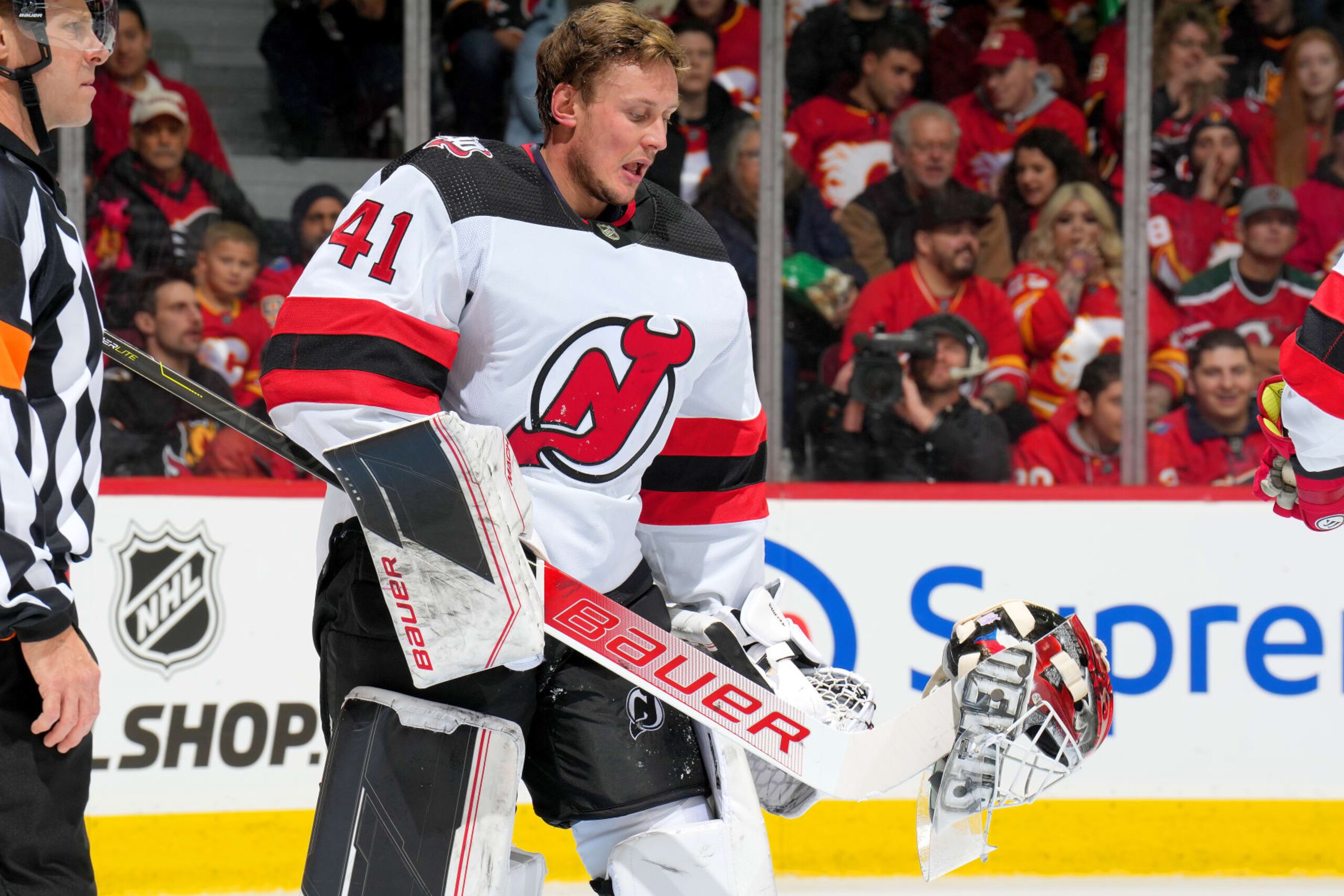 CALGARY, ALBERTA - NOVEMBER 05: Vitek Vanecek #41 of the New Jersey Devils skates against the Calgary Flames at Scotiabank Saddledome on November 05, 2022 in Calgary, Alberta. (Photo by Gerry Thomas/NHLI via Getty Images)