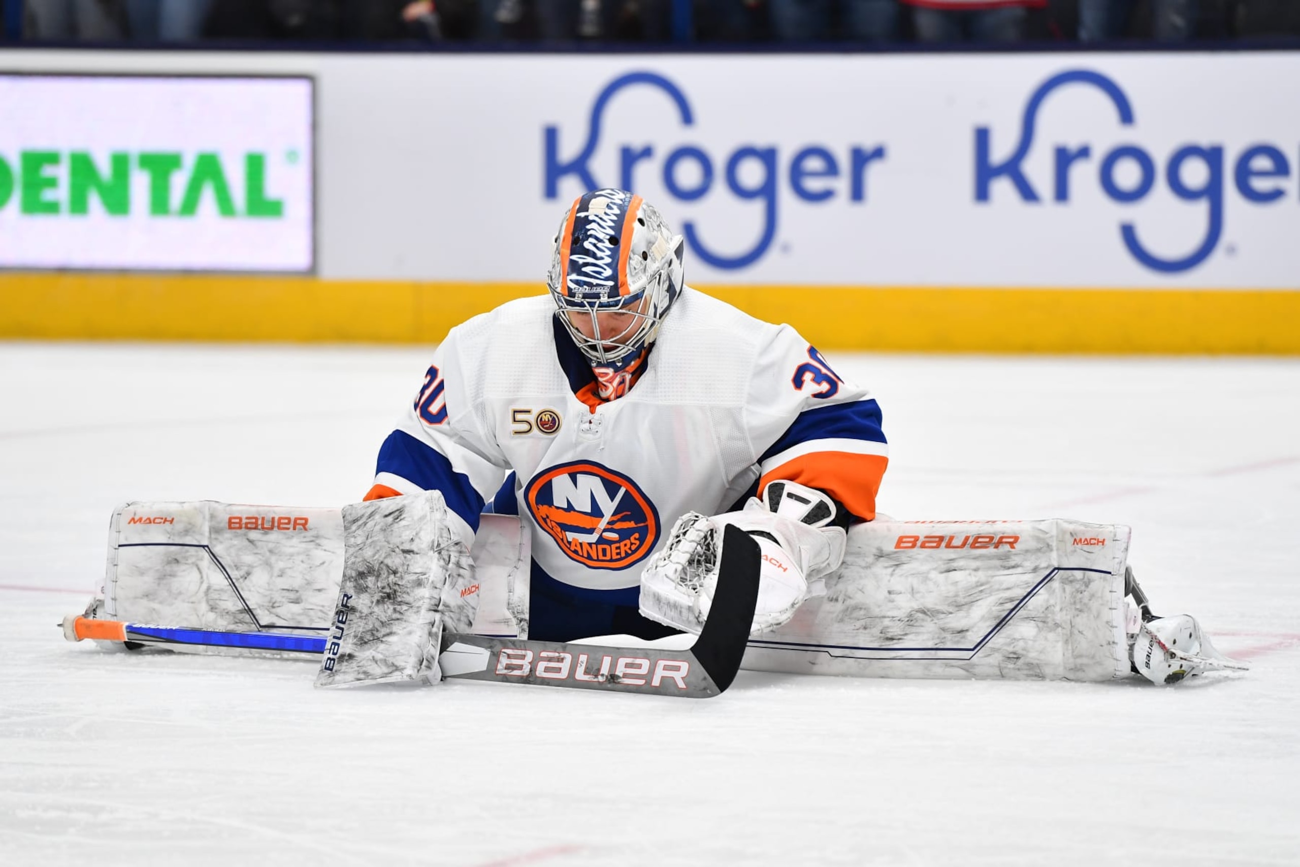 COLUMBUS, OHIO - NOVEMBER 25: Goaltender Ilya Sorokin #30 of the New York Islanders stretches during a timeout in the first period of a game against the Columbus Blue Jackets at Nationwide Arena on November 25, 2022 in Columbus, Ohio. (Photo by Ben Jackson/NHLI via Getty Images)