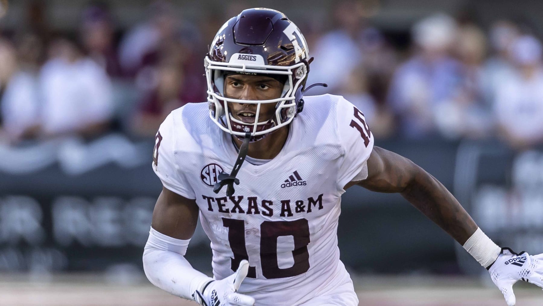 Texas A&M wide receiver Chris Marshall (10) during an NCAA football game on Saturday, Oct. 1, 2022, in Starkville, Miss. (AP Photo/Vasha Hunt)