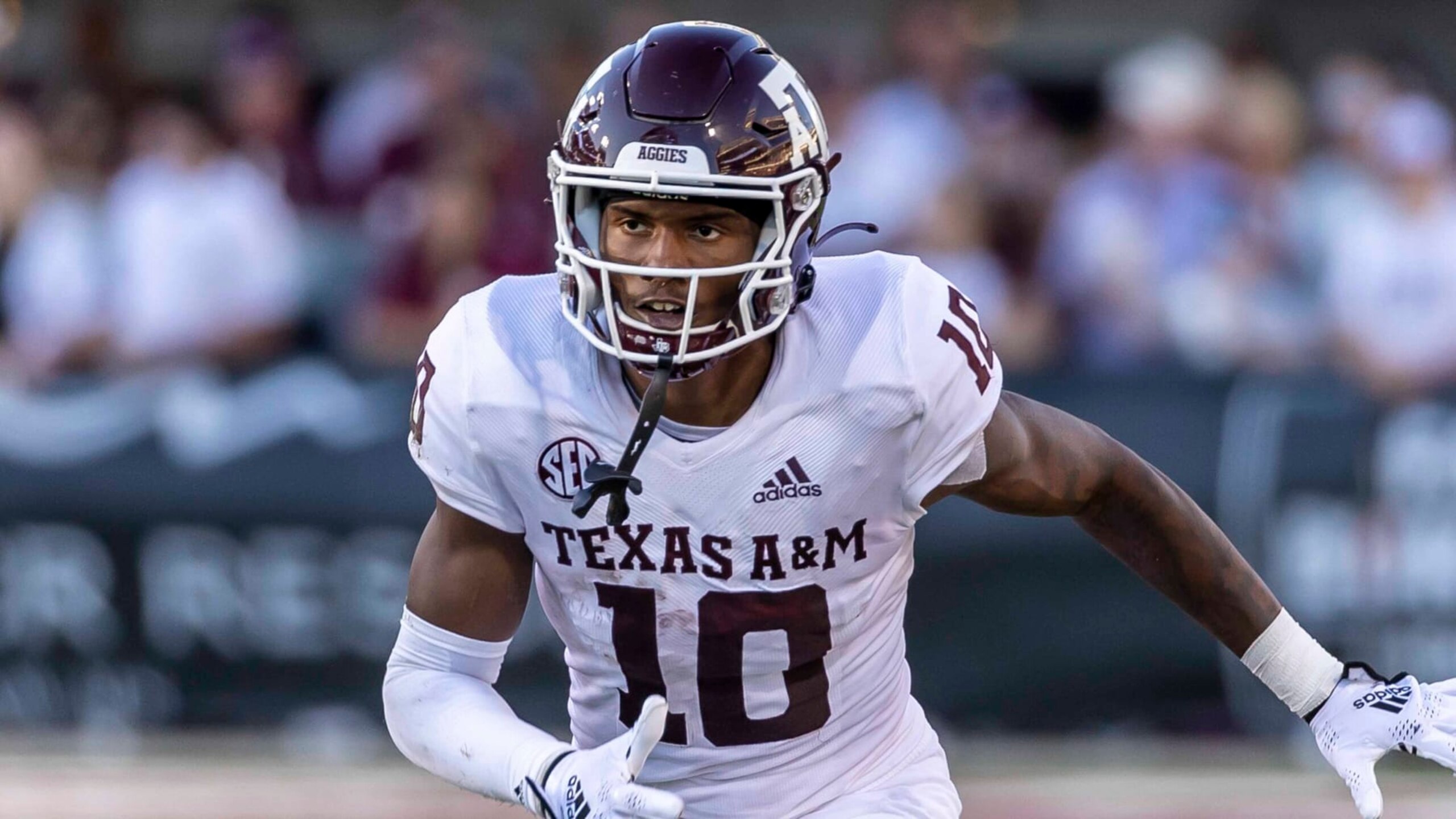 Texas A&M wide receiver Chris Marshall (10) during an NCAA football game on Saturday, Oct. 1, 2022, in Starkville, Miss. (AP Photo/Vasha Hunt)