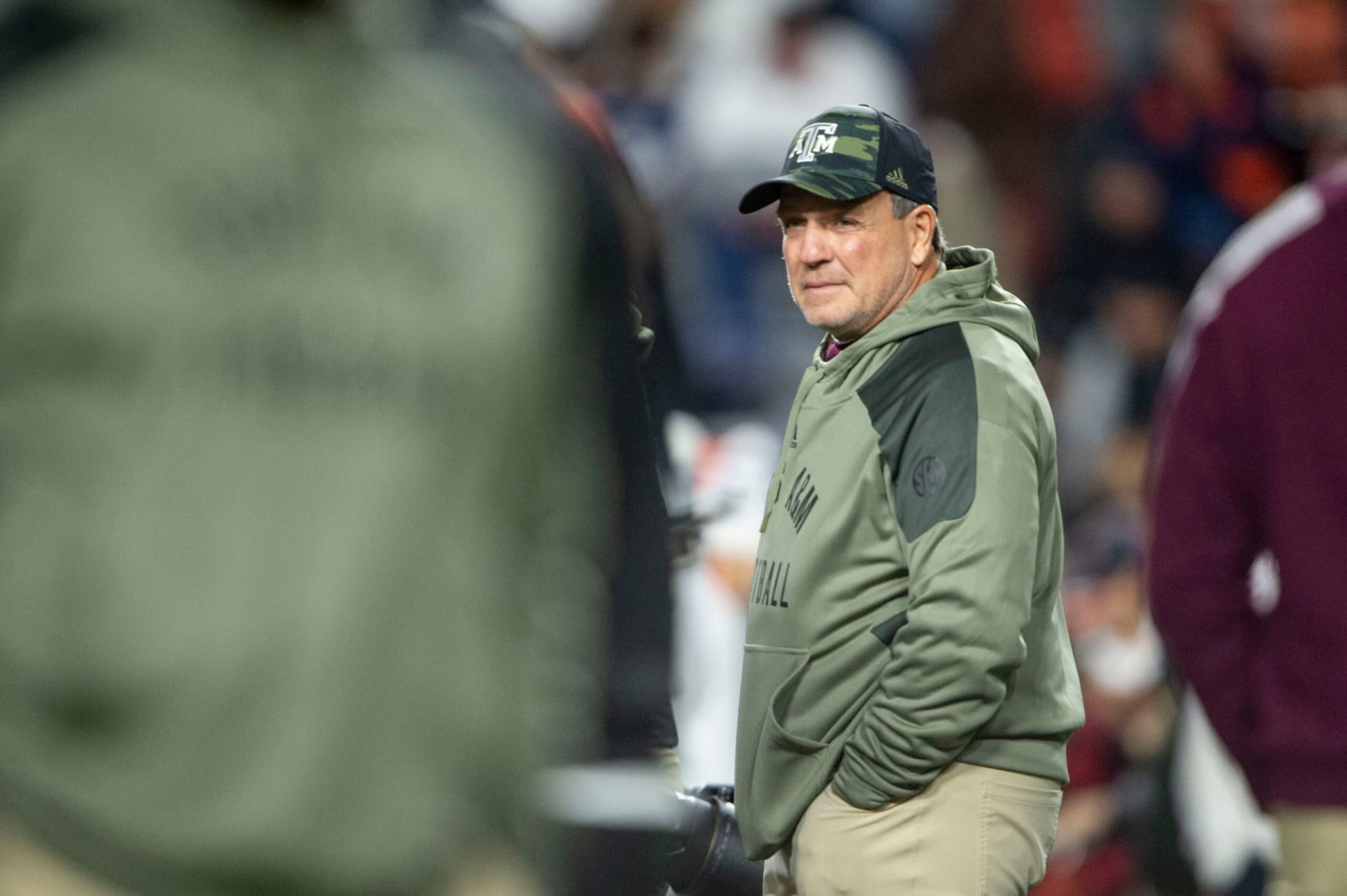 AUBURN, ALABAMA - NOVEMBER 12: Head coach Jimbo Fisher of the Texas A&M Aggies prior to their game against the Auburn Tigers at Jordan-Hare Stadium on November 12, 2022 in Auburn, Alabama. (Photo by Michael Chang/Getty Images)