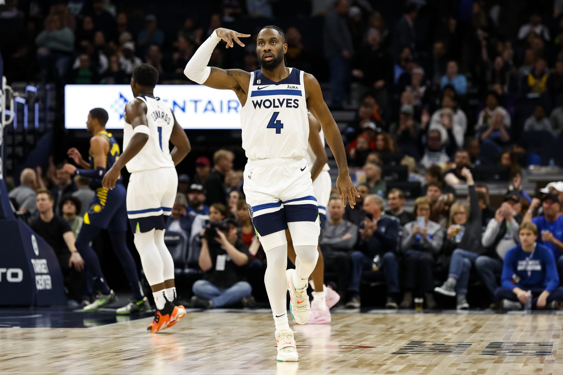 MINNEAPOLIS, MN - DECEMBER 07: Jaylen Nowell #4 of the Minnesota Timberwolves celebrates his three-point basket against the Indiana Pacers in the first quarter of the game at Target Center on December 7, 2022 in Minneapolis, Minnesota. NOTE TO USER: User expressly acknowledges and agrees that, by downloading and or using this Photograph, user is consenting to the terms and conditions of the Getty Images License Agreement. (Photo by David Berding/Getty Images)