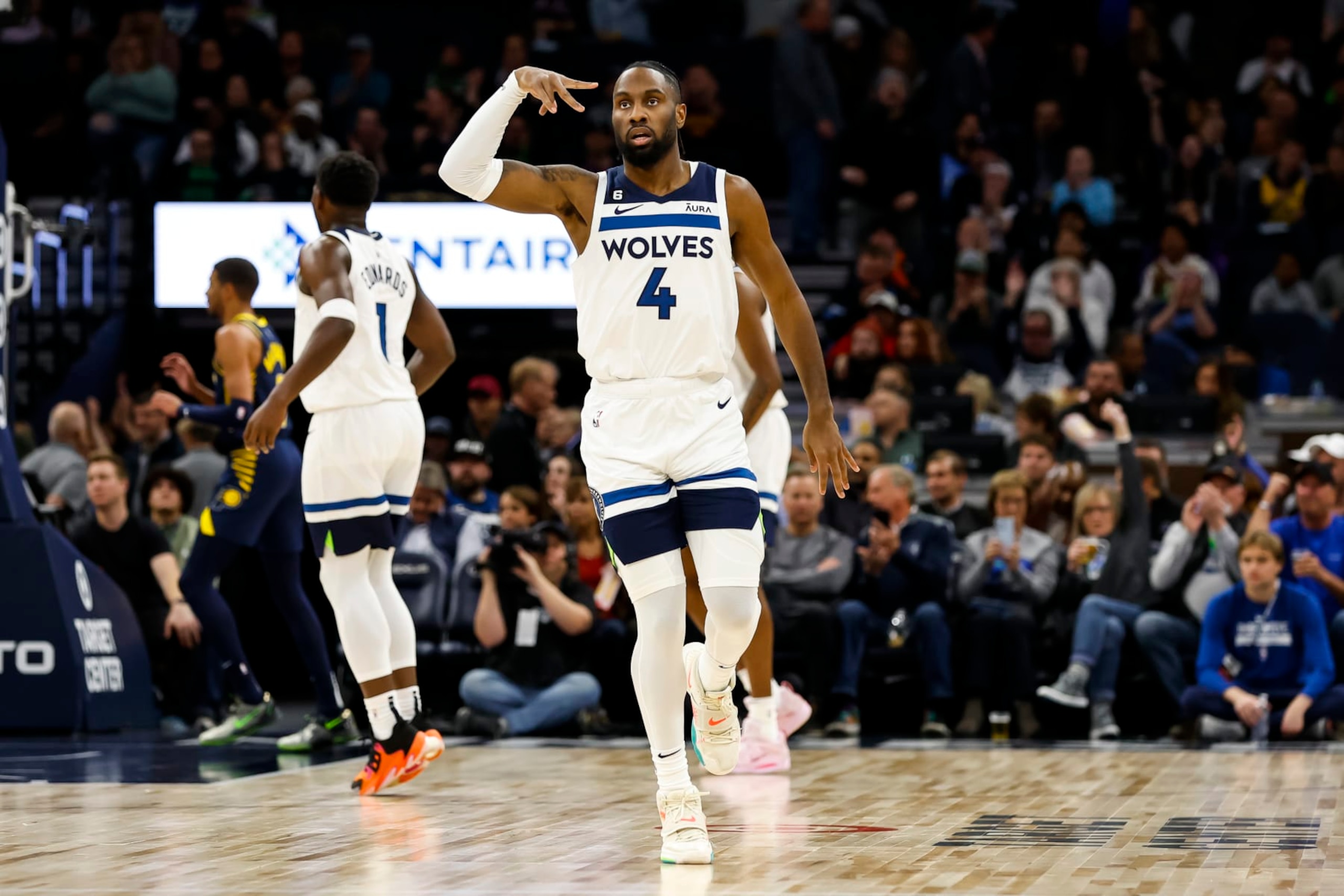 MINNEAPOLIS, MN - DECEMBER 07: Jaylen Nowell #4 of the Minnesota Timberwolves celebrates his three-point basket against the Indiana Pacers in the first quarter of the game at Target Center on December 7, 2022 in Minneapolis, Minnesota. NOTE TO USER: User expressly acknowledges and agrees that, by downloading and or using this Photograph, user is consenting to the terms and conditions of the Getty Images License Agreement. (Photo by David Berding/Getty Images)