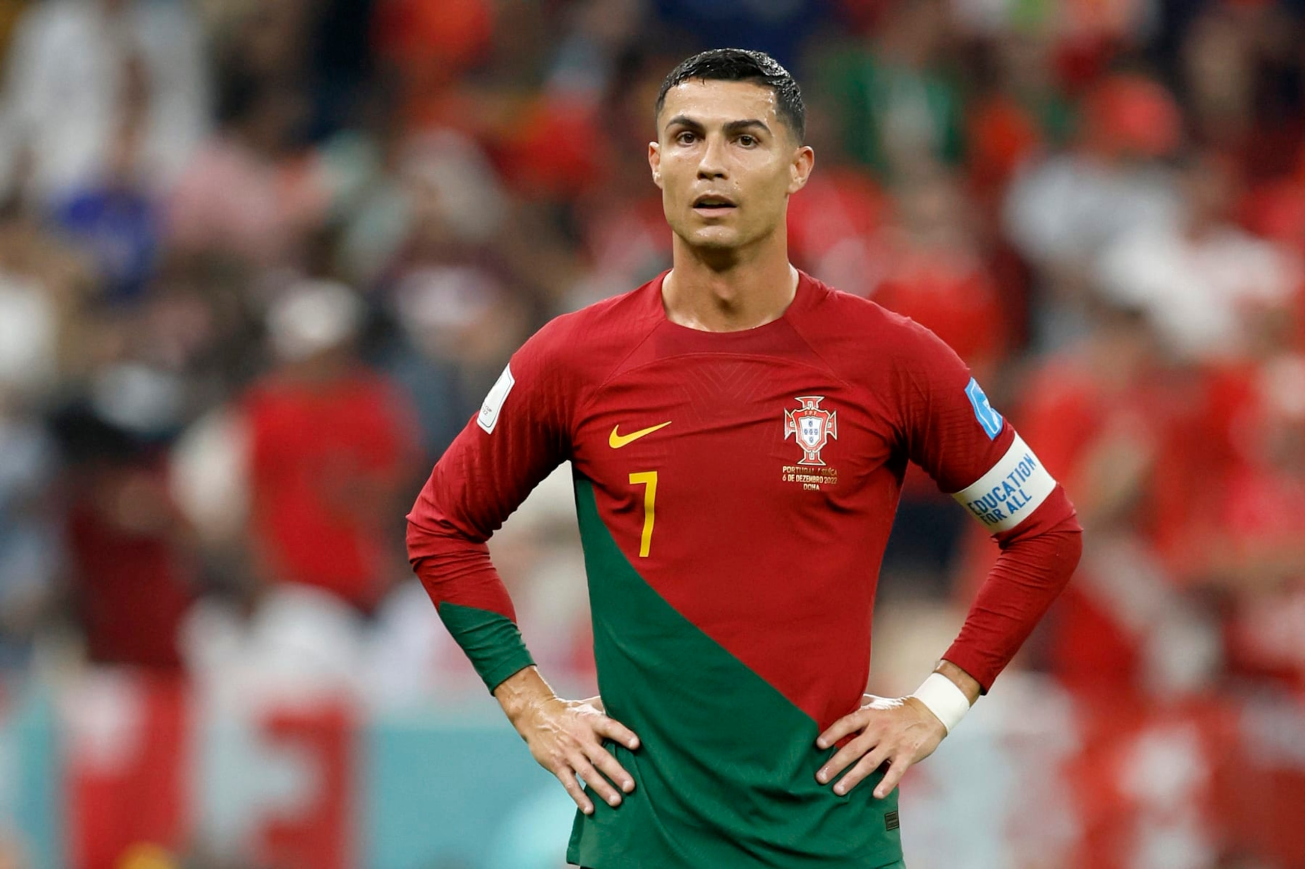 LUSAIL, QATAR - DECEMBER 06: Cristiano Ronaldo of Portugal during the FIFA World Cup Qatar 2022 Round of 16 match between Portugal and Switzerland at Lusail Stadium on December 6, 2022 in Lusail City, Qatar. (Photo by Richard Sellers/Getty Images)