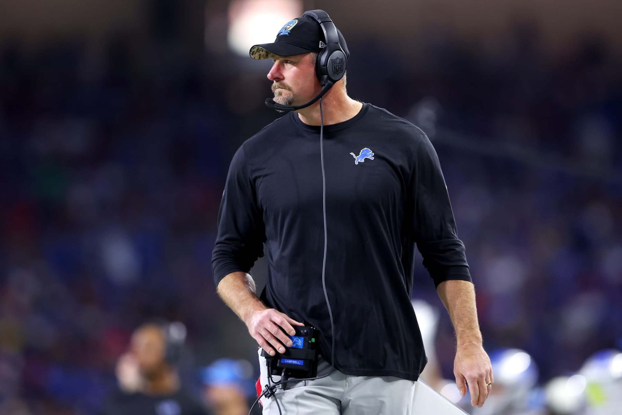 DETROIT, MICHIGAN - NOVEMBER 24: Head coach Dan Campbell of the Detroit Lions looks on against the Buffalo Bills during the first quarter at Ford Field on November 24, 2022 in Detroit, Michigan. (Photo by Rey Del Rio/Getty Images)
