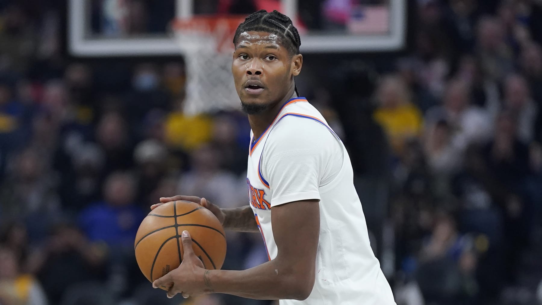 New York Knicks forward Cam Reddish during an NBA basketball game against the Golden State Warriors in San Francisco, Friday, Nov. 18, 2022. (AP Photo/Jeff Chiu)