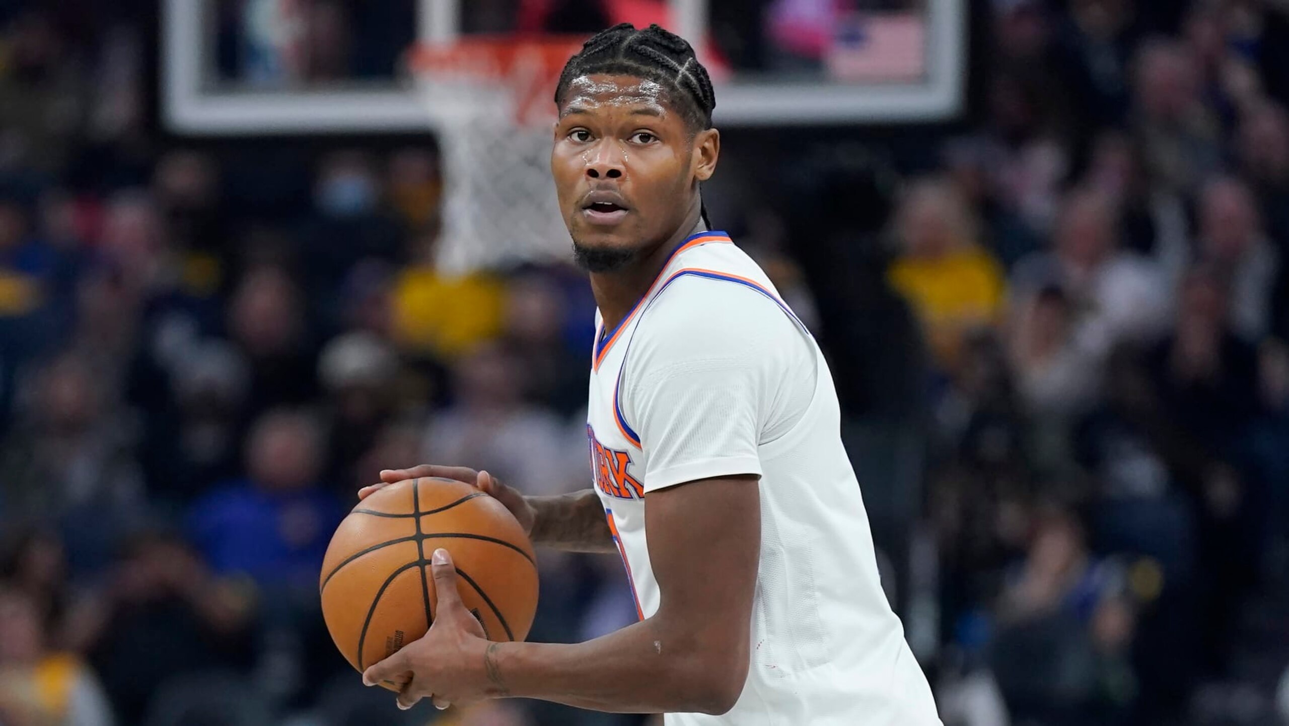 New York Knicks forward Cam Reddish during an NBA basketball game against the Golden State Warriors in San Francisco, Friday, Nov. 18, 2022. (AP Photo/Jeff Chiu)