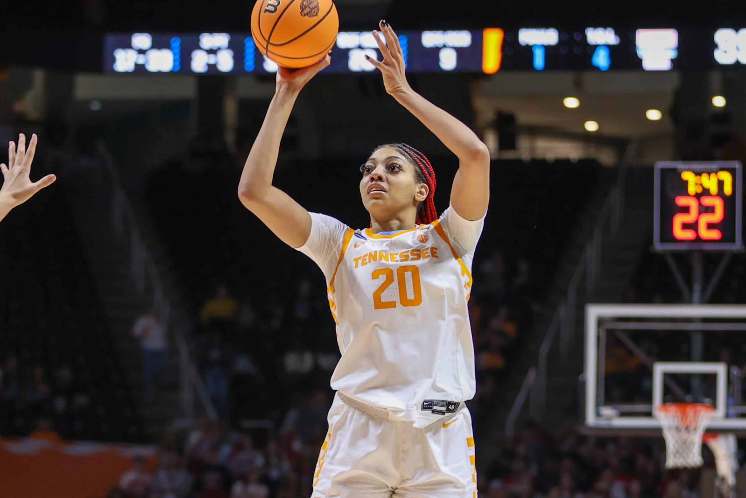 KNOXVILLE, TN - MARCH 21: Tamari Key #20 of the Tennessee Lady Vols shoots the ball against the Belmont Bruins during the second round of the 2022 NCAA Women's Basketball Tournament held at Thompson-Boling Arena on March 21, 2022 in Knoxville, Tennessee. (Photo by Donald Page/NCAA Photos via Getty Images)
