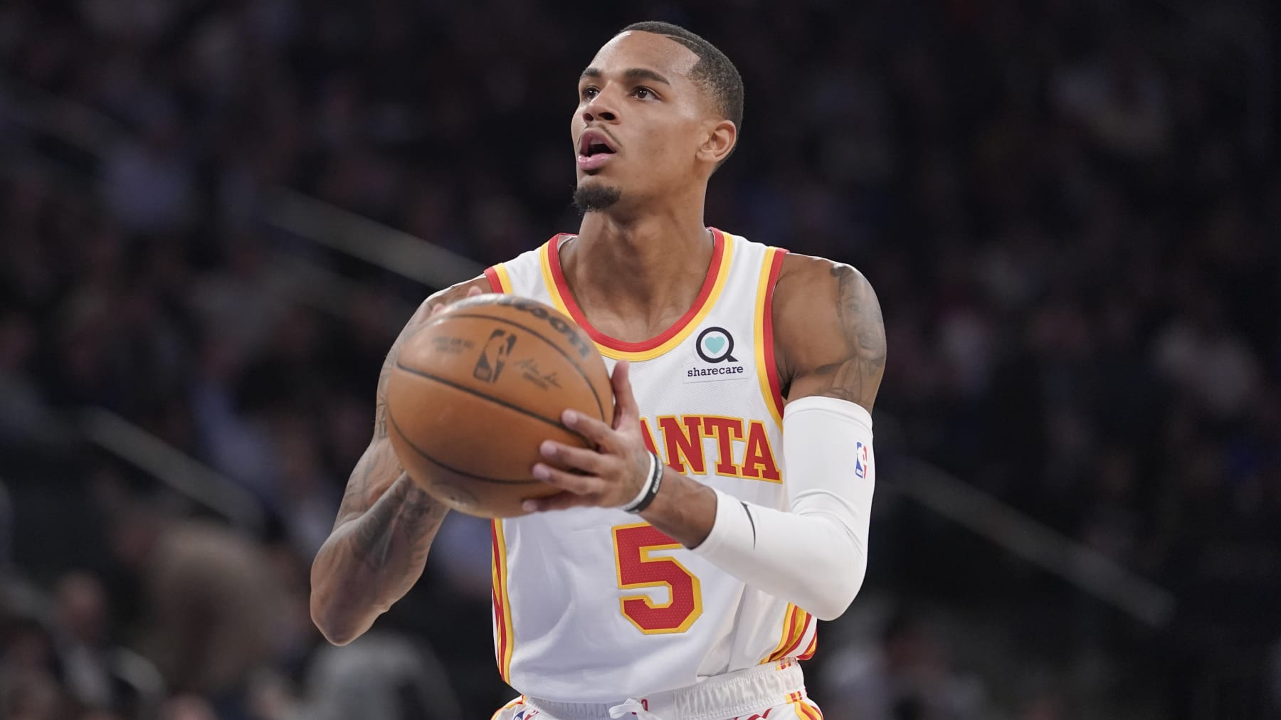 Atlanta Hawks guard Dejounte Murray during the first half of an NBA basketball game against the New York Knicks, Wednesday, Dec. 7, 2022, at Madison Square Garden in New York. (AP Photo/Mary Altaffer)