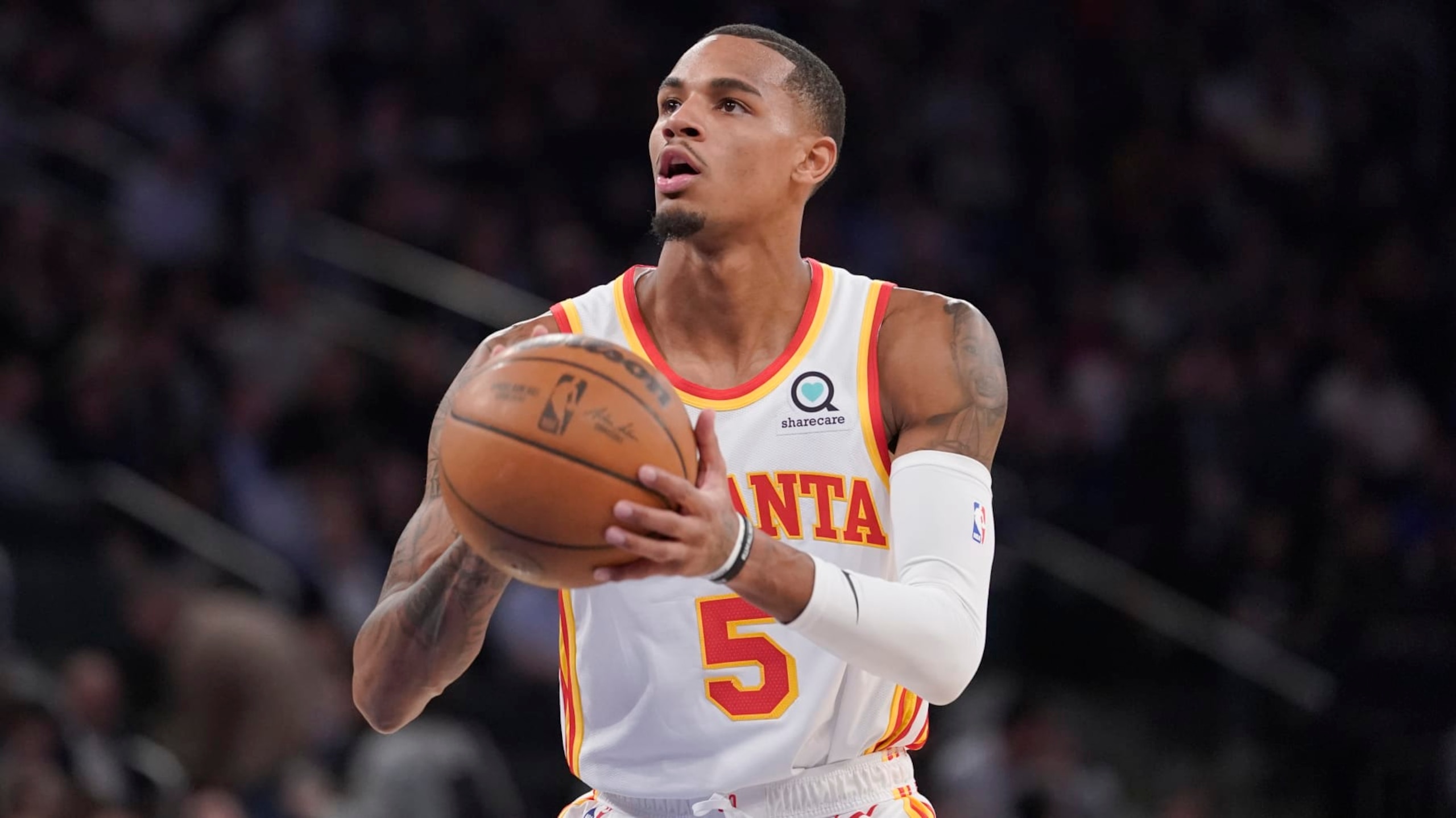 Atlanta Hawks guard Dejounte Murray during the first half of an NBA basketball game against the New York Knicks, Wednesday, Dec. 7, 2022, at Madison Square Garden in New York. (AP Photo/Mary Altaffer)