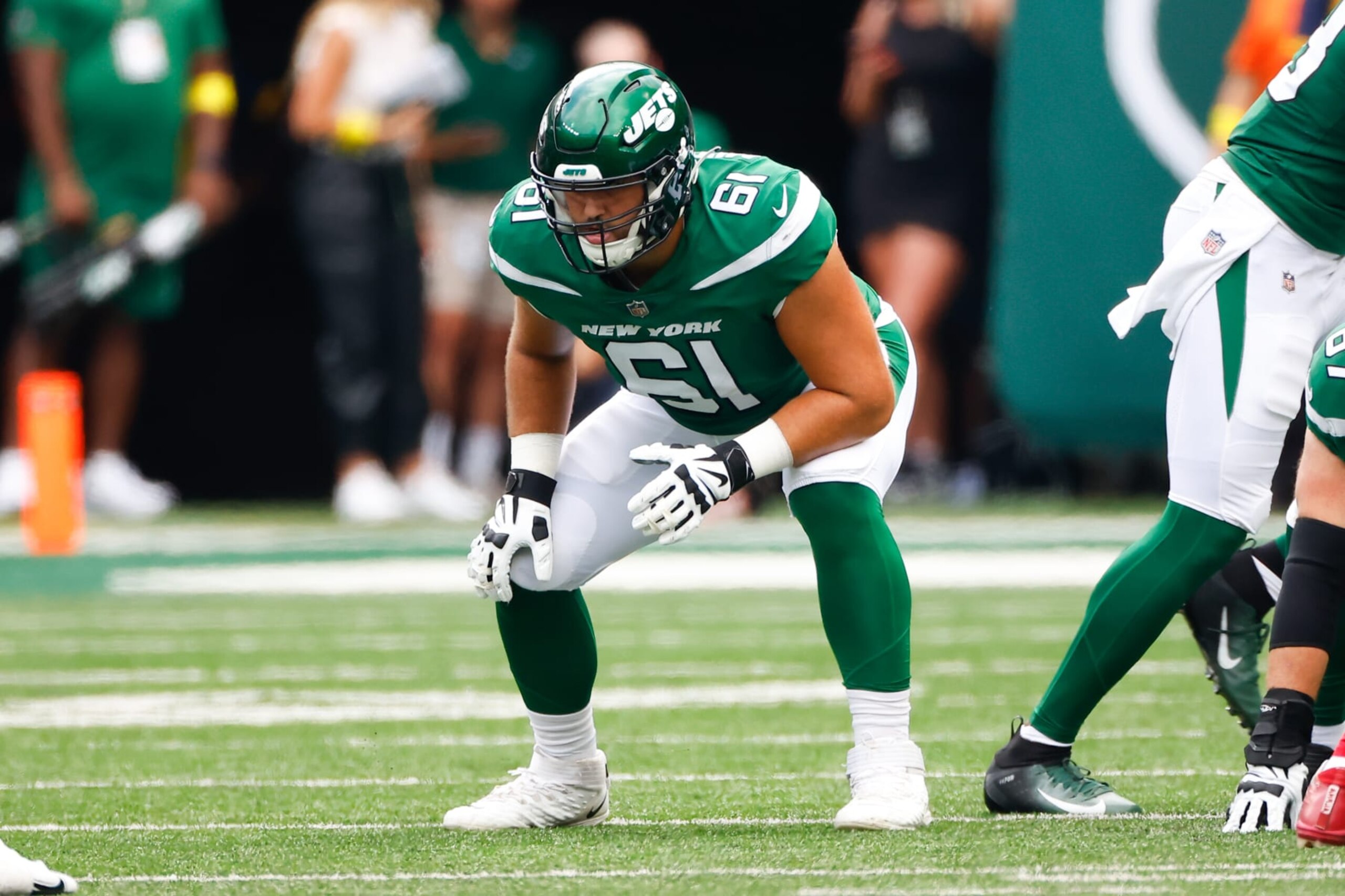 EAST RUTHERFORD, NJ - AUGUST 28:  New York Jets offensive tackle Max Mitchell (61) during the second quarter of the National Football League game between the New York Jets and the New York Giants on August 28, 2022 at MetLife Stadium in East Rutherford, New Jersey.   (Photo by Rich Graessle/Icon Sportswire via Getty Images)
