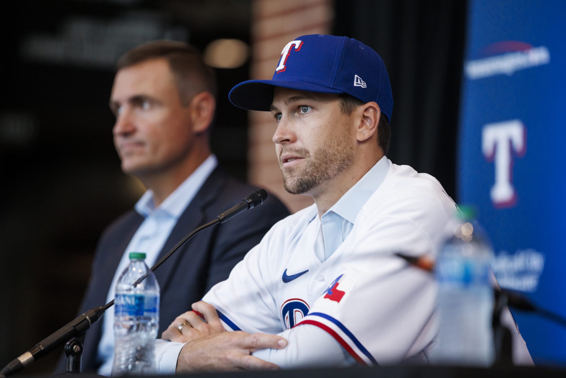 ARLINGTON, TX - DECEMBER 08: Jacob deGrom #48 of the Texas Rangers addresses the media at an introductory press conference at Globe Life Field on December 8, 2022 in Arlington, Texas. (Photo by Bailey Orr/Texas Rangers/Getty Images)