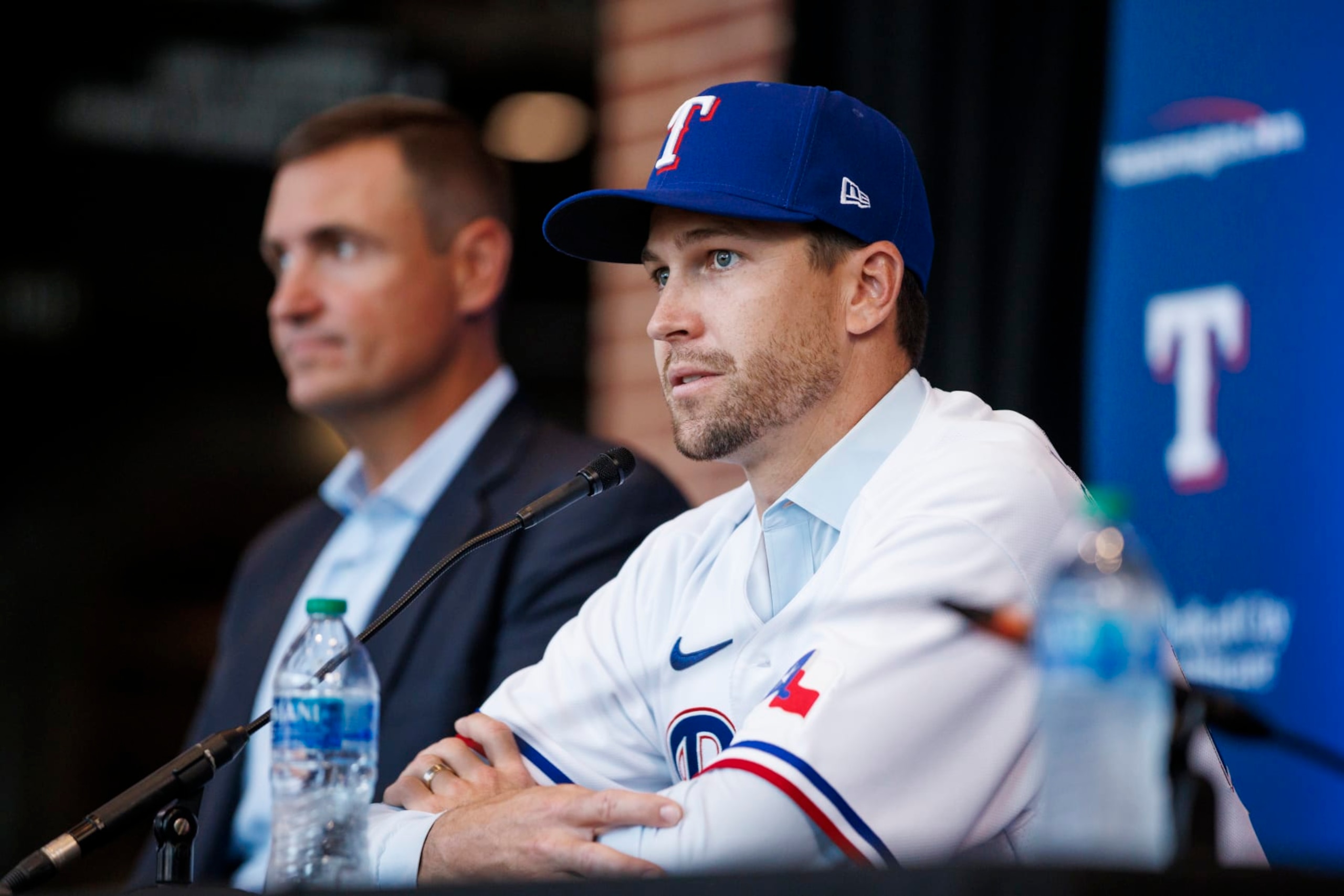 ARLINGTON, TX - DECEMBER 08: Jacob deGrom #48 of the Texas Rangers addresses the media at an introductory press conference at Globe Life Field on December 8, 2022 in Arlington, Texas. (Photo by Bailey Orr/Texas Rangers/Getty Images)