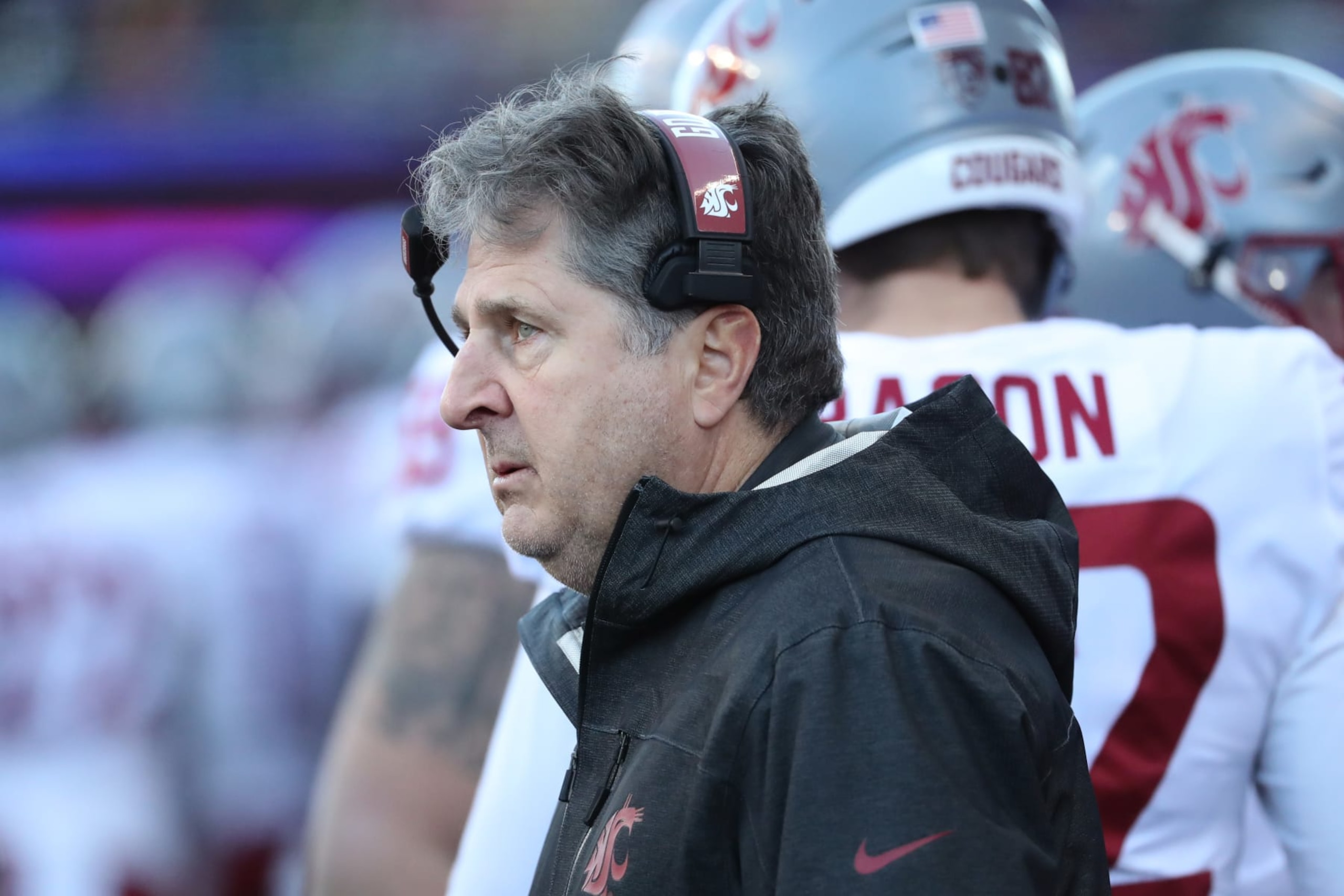SEATTLE, WASHINGTON - NOVEMBER 29: Head Coach Mike Leach of the Washington State Cougars reacts in the second quarter against the Washington Huskies during their game at Husky Stadium on November 29, 2019 in Seattle, Washington. (Photo by Abbie Parr/Getty Images)