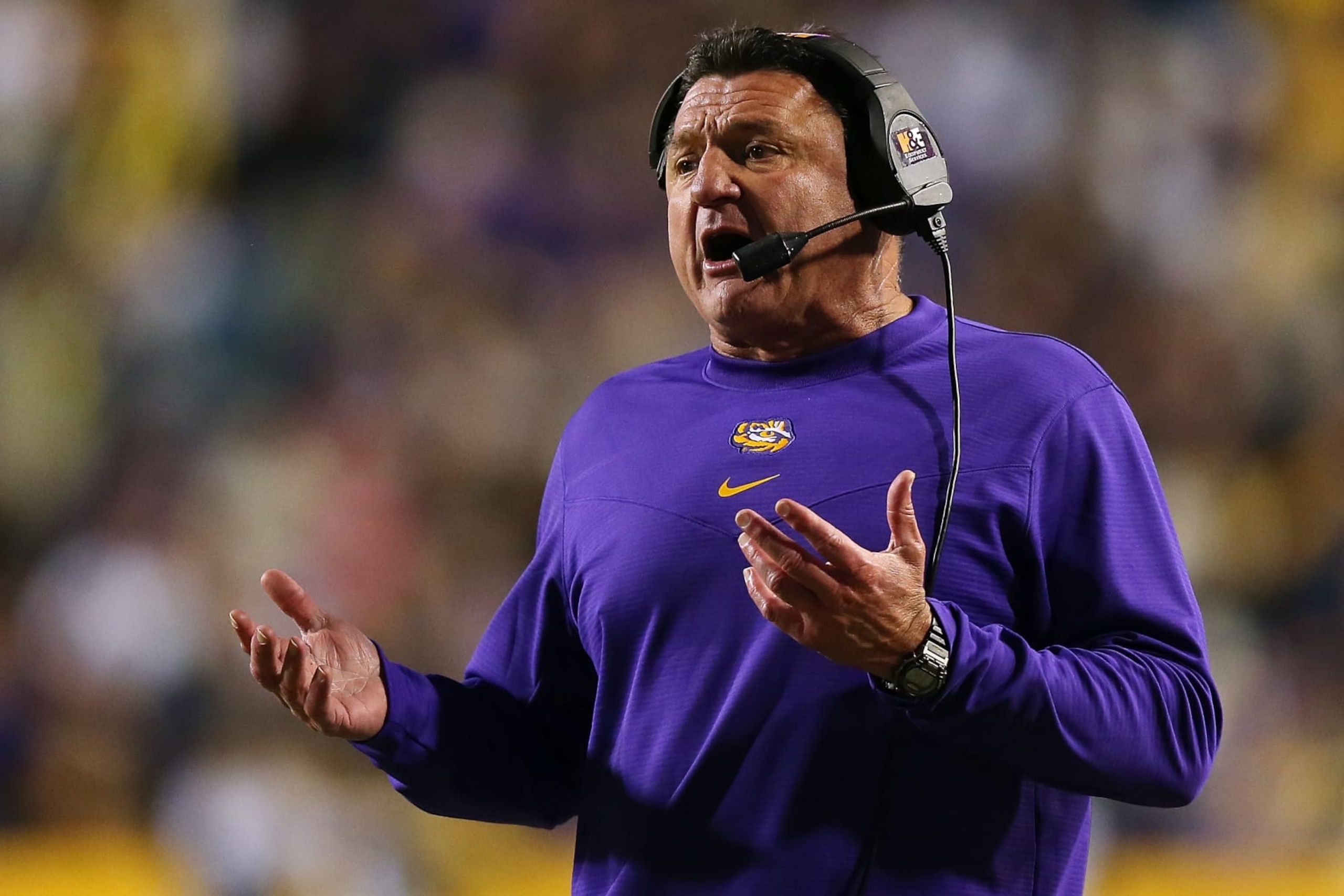 BATON ROUGE, LOUISIANA - NOVEMBER 13: Head coach Ed Orgeron of the LSU Tigers reacts during the second half against the Arkansas Razorbacks at Tiger Stadium on November 13, 2021 in Baton Rouge, Louisiana. (Photo by Jonathan Bachman/Getty Images)