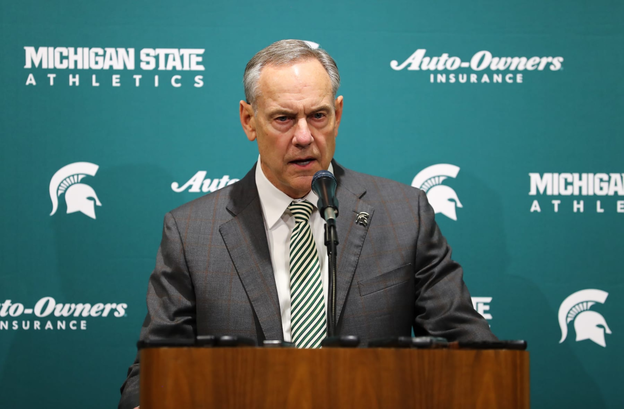 EAST LANSING, MI - FEBRUARY 04: Head coach Mark Dantonio of the Michigan State Spartans addresses the media after announcing his retirement before the game between the Michigan State Spartans and Penn State Nittany Lions at the Breslin Center on February 4, 2020 in East Lansing, Michigan. (Photo by Rey Del Rio/Getty Images)