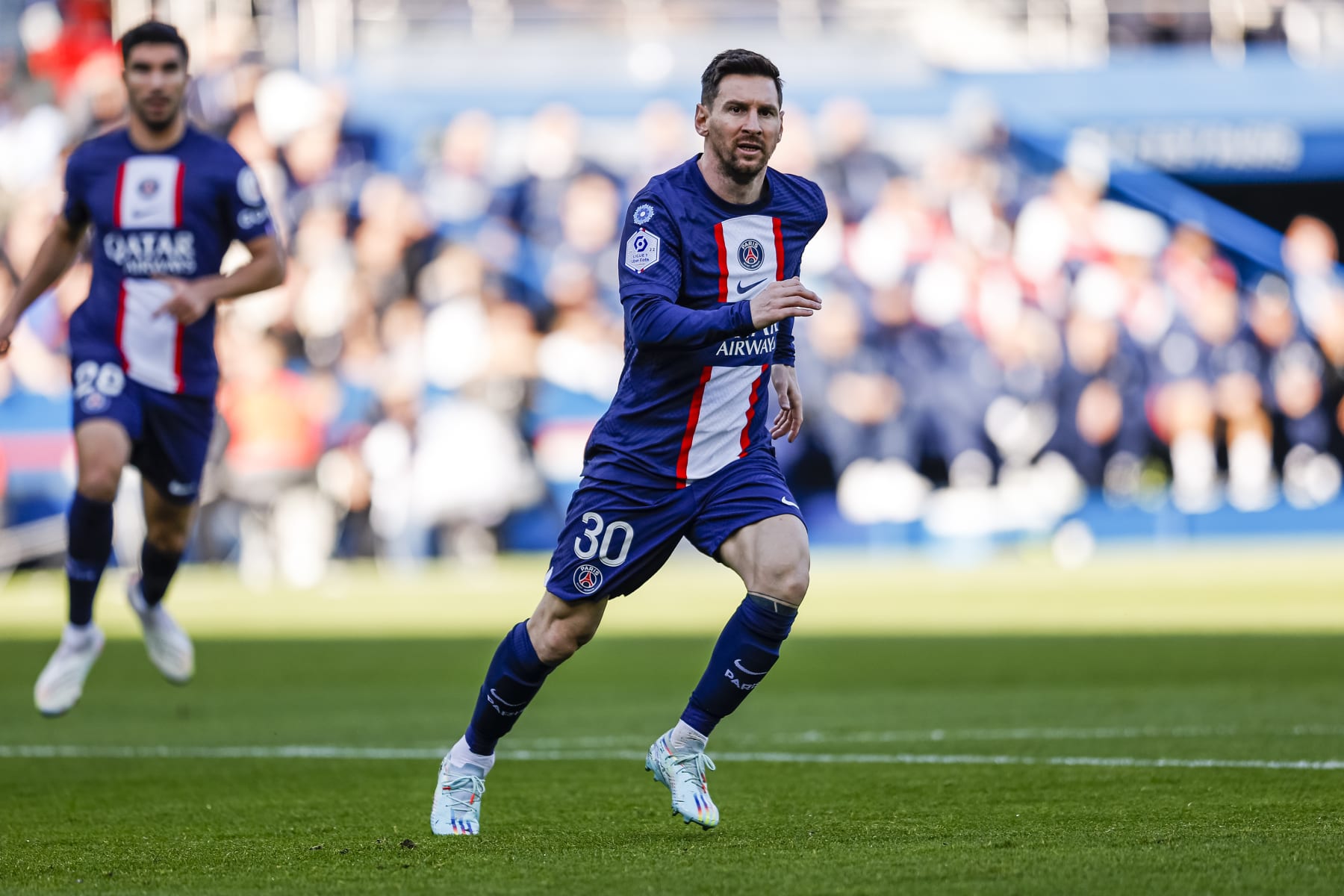 PARIS, FRANCE - NOVEMBER 13: Lionel Messi of Paris Saint Germain runs in the field during the Ligue 1 match between Paris Saint-Germain and AJ Auxerre at Parc des Princes on November 13, 2022 in Paris, France. (Photo by Antonio Borga/Eurasia Sport Images/Getty Images)