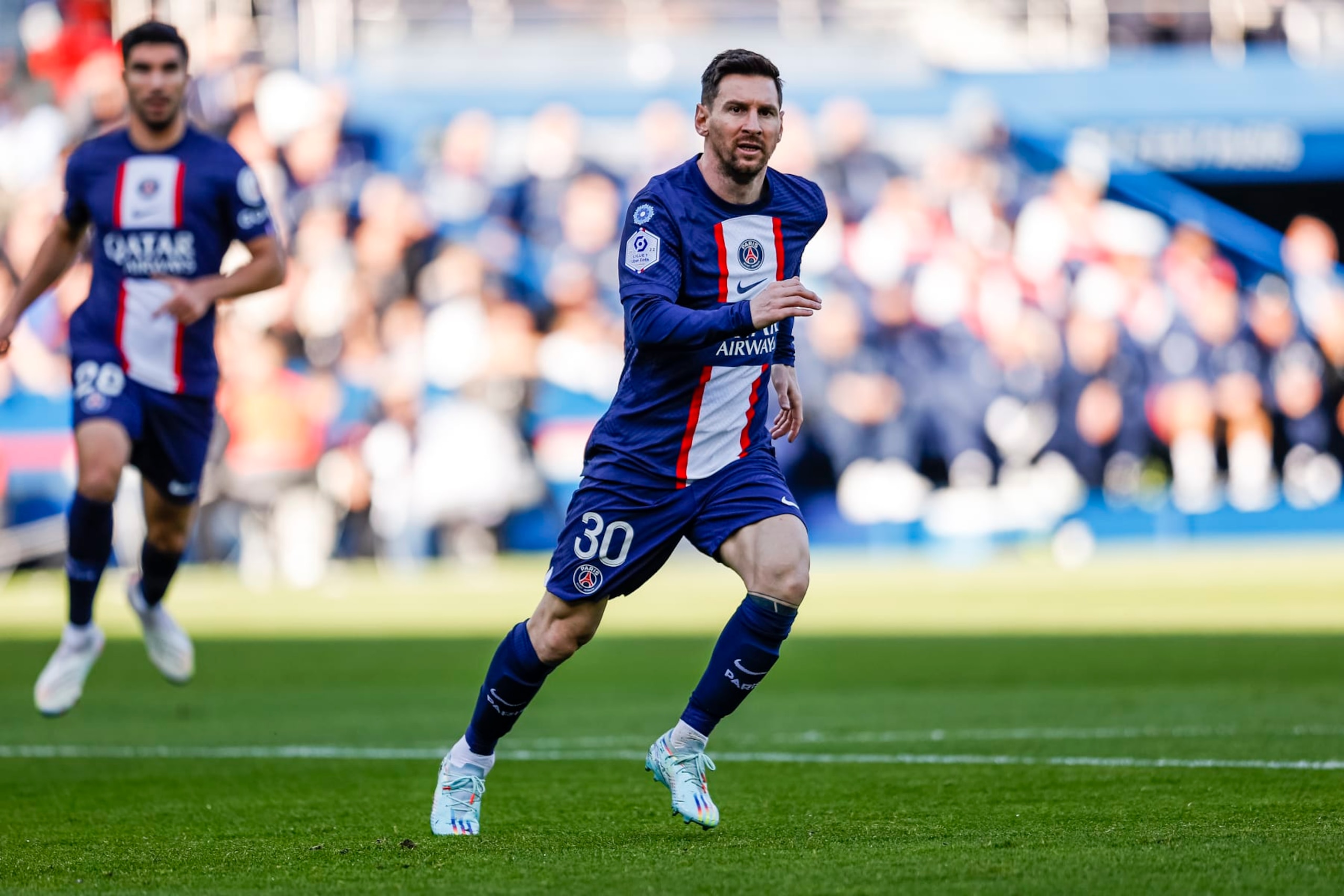 PARIS, FRANCE - NOVEMBER 13: Lionel Messi of Paris Saint Germain runs in the field during the Ligue 1 match between Paris Saint-Germain and AJ Auxerre at Parc des Princes on November 13, 2022 in Paris, France. (Photo by Antonio Borga/Eurasia Sport Images/Getty Images)
