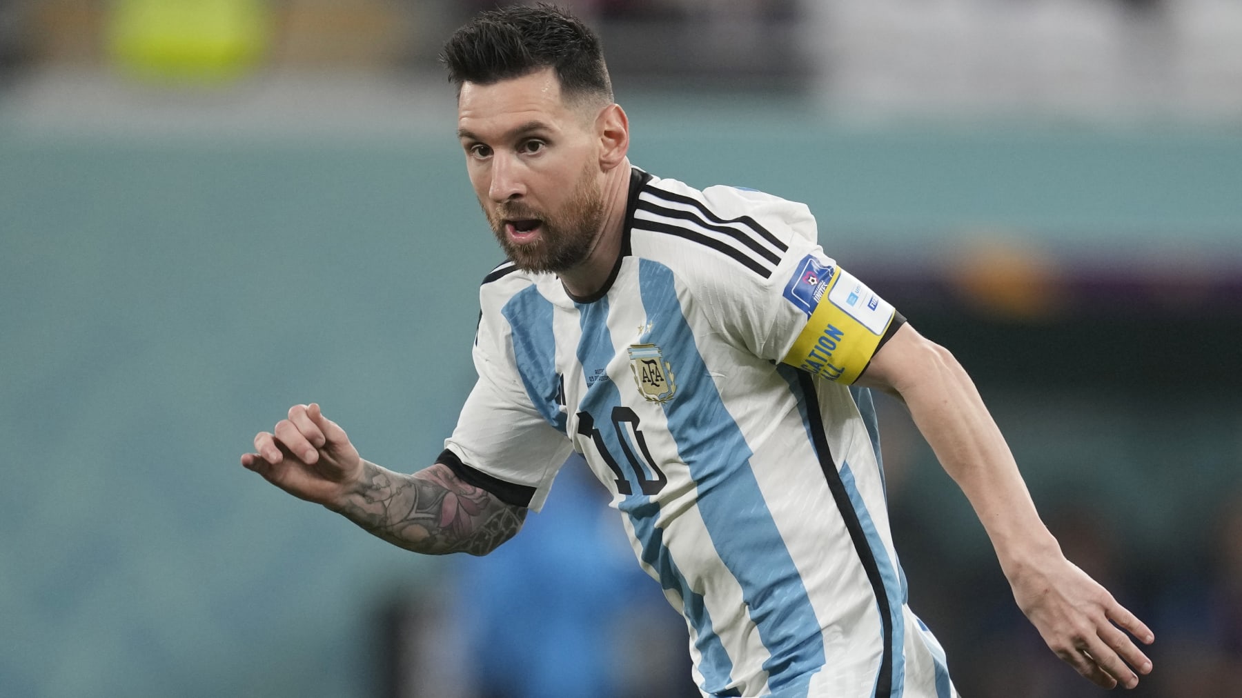 Argentina's Lionel Messi in action during the World Cup round of 16 soccer match between Argentina and Australia at the Ahmad Bin Ali Stadium in Doha, Qatar, Saturday, Dec. 3, 2022. (AP Photo/Lee Jin-man)