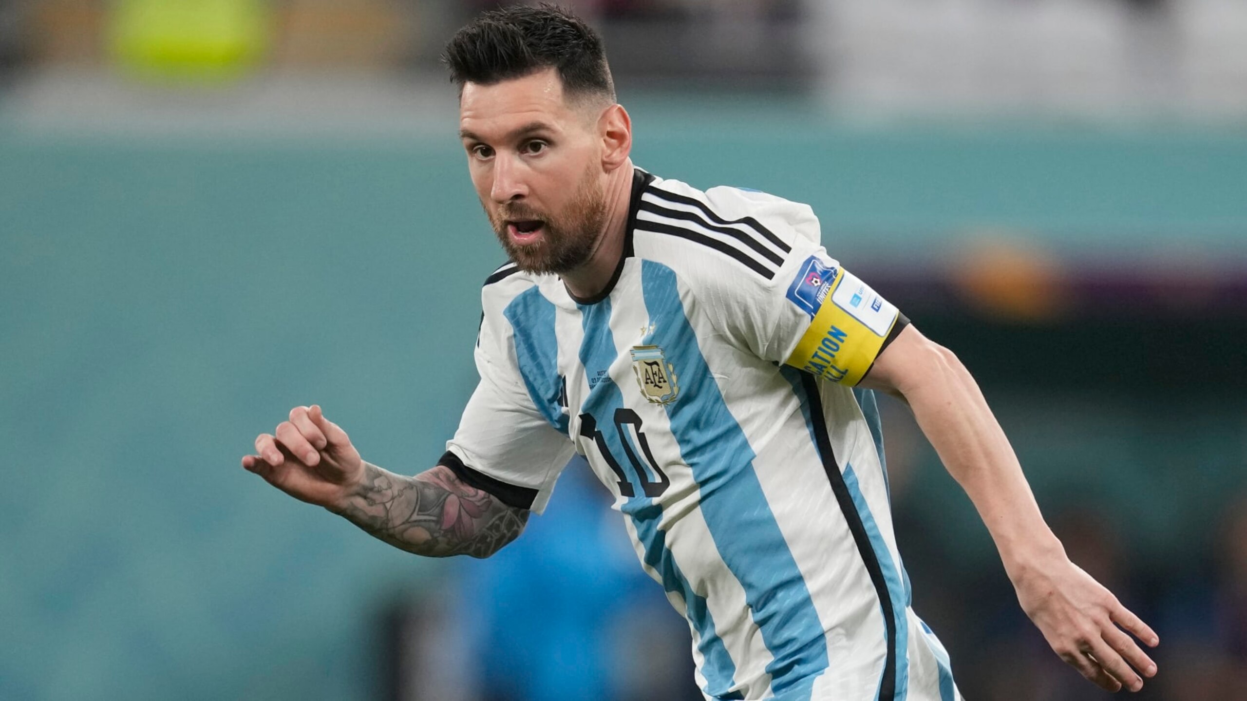 Argentina's Lionel Messi in action during the World Cup round of 16 soccer match between Argentina and Australia at the Ahmad Bin Ali Stadium in Doha, Qatar, Saturday, Dec. 3, 2022. (AP Photo/Lee Jin-man) Argentina's Lionel Messi in action during the World Cup round of 16 soccer match between Argentina and Australia at the Ahmad Bin Ali Stadium in Doha, Qatar, Saturday, Dec. 3, 2022. (AP Photo/Lee Jin-man)