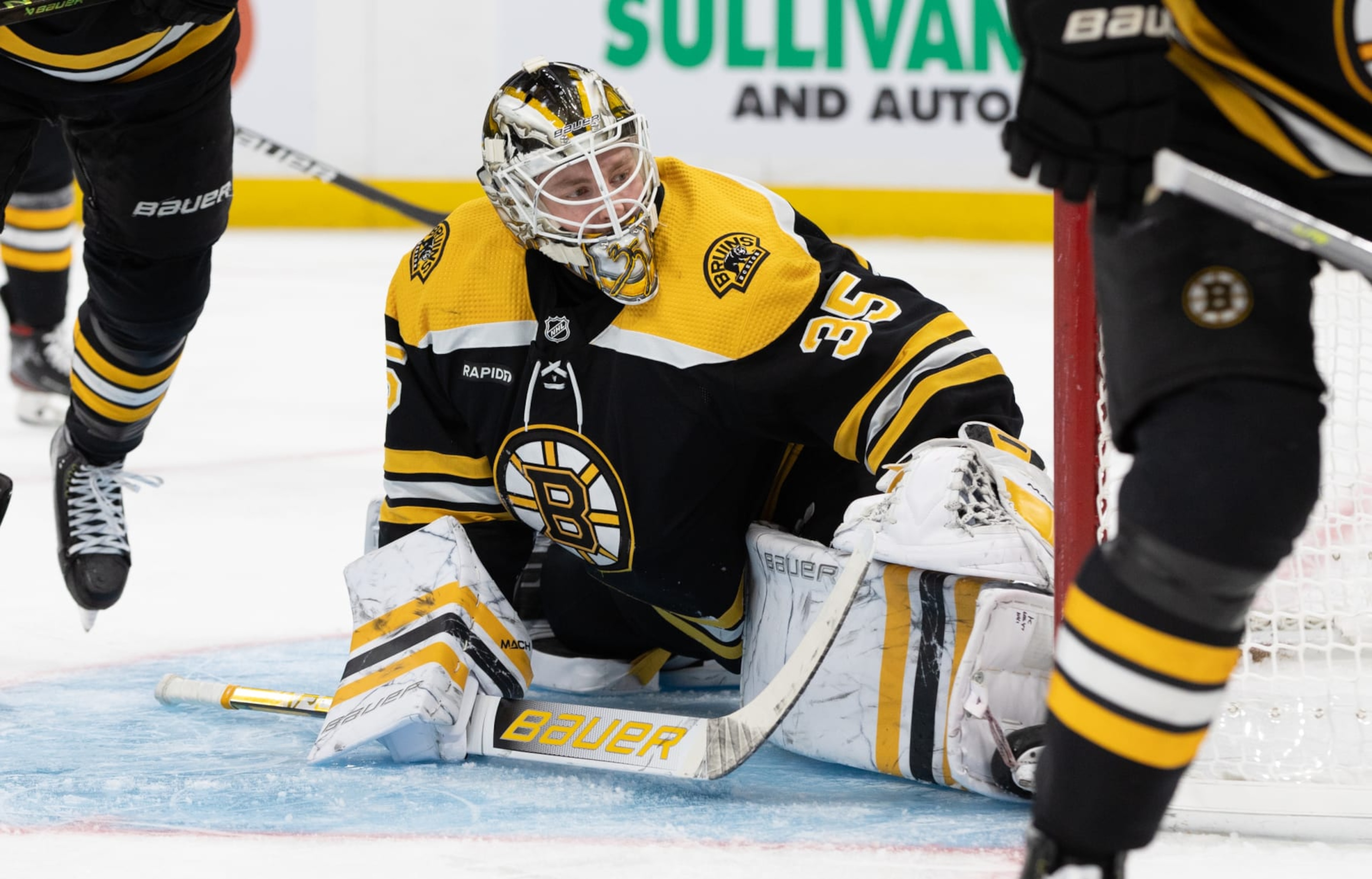 BOSTON, MA - NOVEMBER 13: Linus Ullmark #35 of the Boston Bruins makes a save during the second period against the Vancouver Canucks at the TD Garden on November 13, 2022 in Boston, Massachusetts. (Photo by Richard T Gagnon/Getty Images)