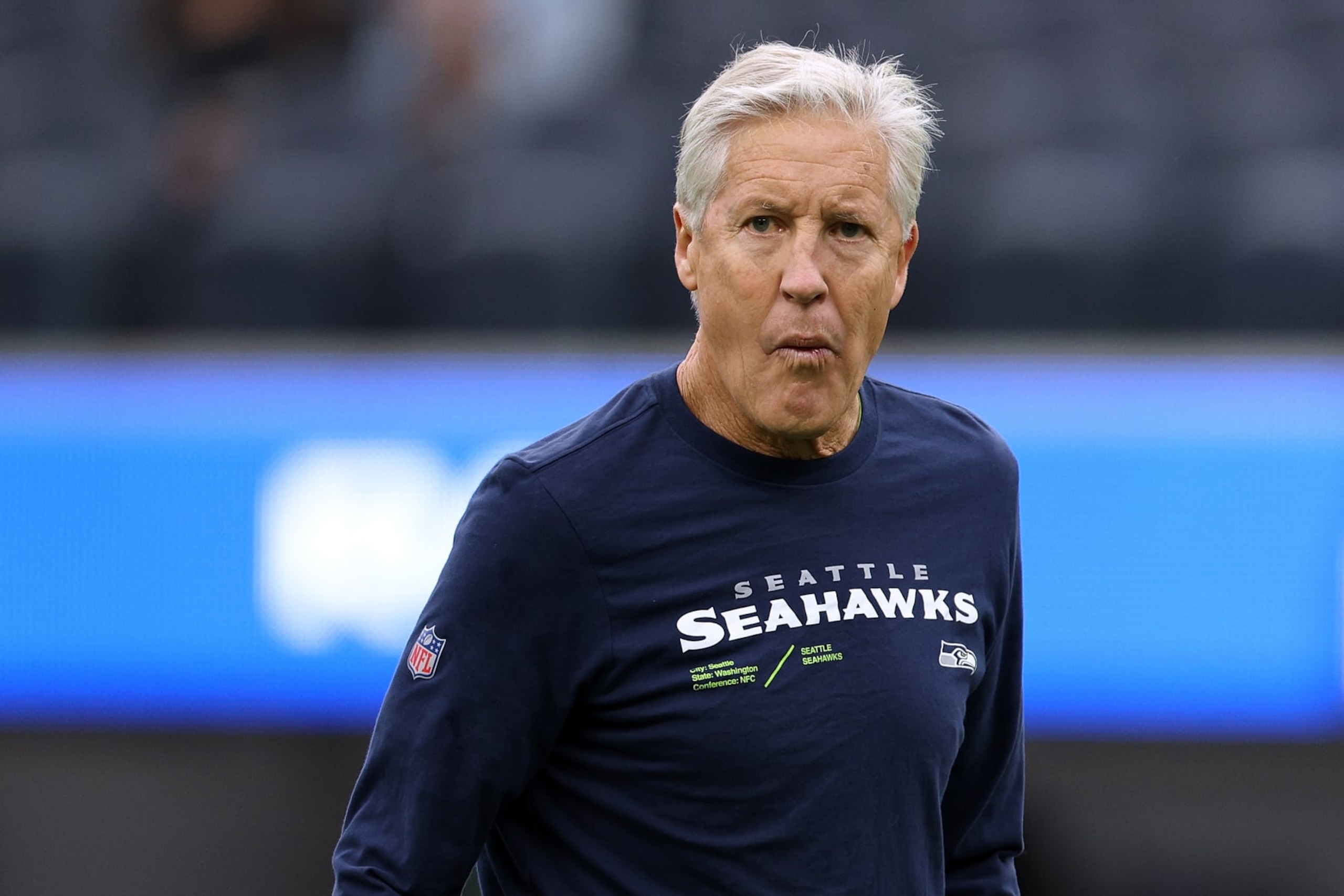 INGLEWOOD, CALIFORNIA - DECEMBER 04: Head coach Pete Carroll of the Seattle Seahawks looks on before the game against the Los Angeles Rams at SoFi Stadium on December 04, 2022 in Inglewood, California. (Photo by Harry How/Getty Images)
