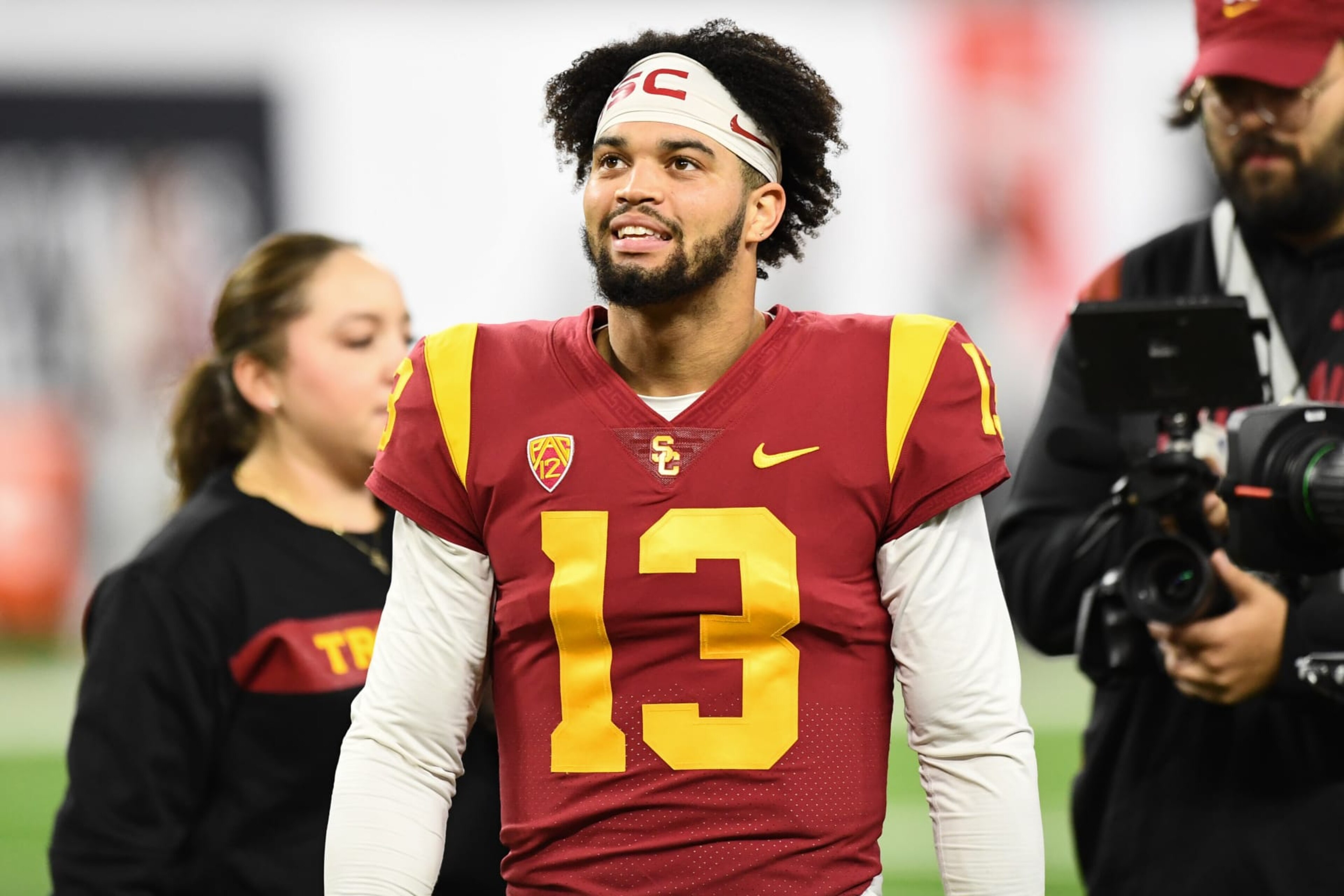 LAS VEGAS, NV - DECEMBER 02: USC Trojans quarterback Caleb Williams (13) looks on before the Pac-12 Conference championship game between the Utah Utes and the USC Trojans at Allegiant Stadium on December 2, 2022 in Las Vegas, Nevada. (Photo by Brian Rothmuller/Icon Sportswire via Getty Images) LAS VEGAS, NV - DECEMBER 02: USC Trojans quarterback Caleb Williams (13) looks on before the Pac-12 Conference championship game between the Utah Utes and the USC Trojans at Allegiant Stadium on December 2, 2022 in Las Vegas, Nevada. (Photo by Brian Rothmuller/Icon Sportswire via Getty Images)