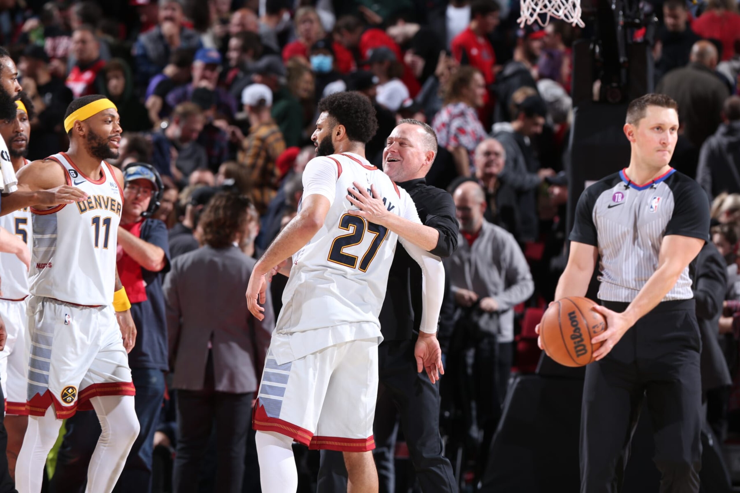 PORTLAND, OR - DECEMBER 8: Jamal Murray #27 of the Denver Nuggets celebrates during the game against the Portland Trail Blazers on December 8, 2022 at the Moda Center Arena in Portland, Oregon. NOTE TO USER: User expressly acknowledges and agrees that, by downloading and or using this photograph, user is consenting to the terms and conditions of the Getty Images License Agreement. Mandatory Copyright Notice: Copyright 2022 NBAE (Photo by Sam Forencich/NBAE via Getty Images) PORTLAND, OR - DECEMBER 8: Jamal Murray #27 of the Denver Nuggets celebrates during the game against the Portland Trail Blazers on December 8, 2022 at the Moda Center Arena in Portland, Oregon. NOTE TO USER: User expressly acknowledges and agrees that, by downloading and or using this photograph, user is consenting to the terms and conditions of the Getty Images License Agreement. Mandatory Copyright Notice: Copyright 2022 NBAE (Photo by Sam Forencich/NBAE via Getty Images)