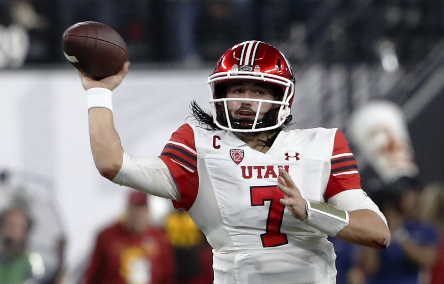 Utah quarterback Cameron Rising throws a pass against Southern California during the second half of the Pac-12 Conference championship NCAA college football game Friday, Dec. 2, 2022, in Las Vegas. (AP Photo/Steve Marcus)