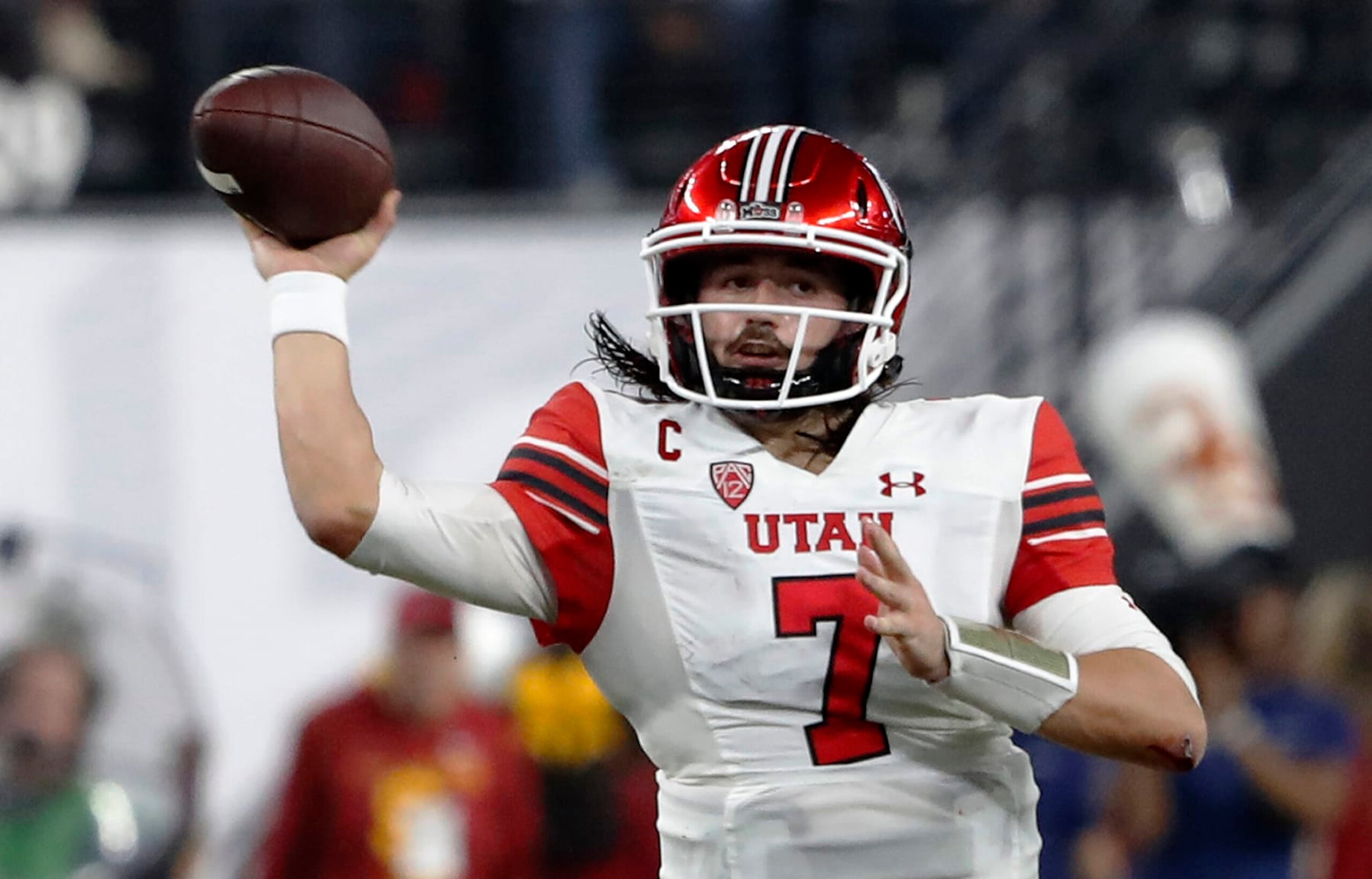 Utah quarterback Cameron Rising throws a pass against Southern California during the second half of the Pac-12 Conference championship NCAA college football game Friday, Dec. 2, 2022, in Las Vegas. (AP Photo/Steve Marcus)