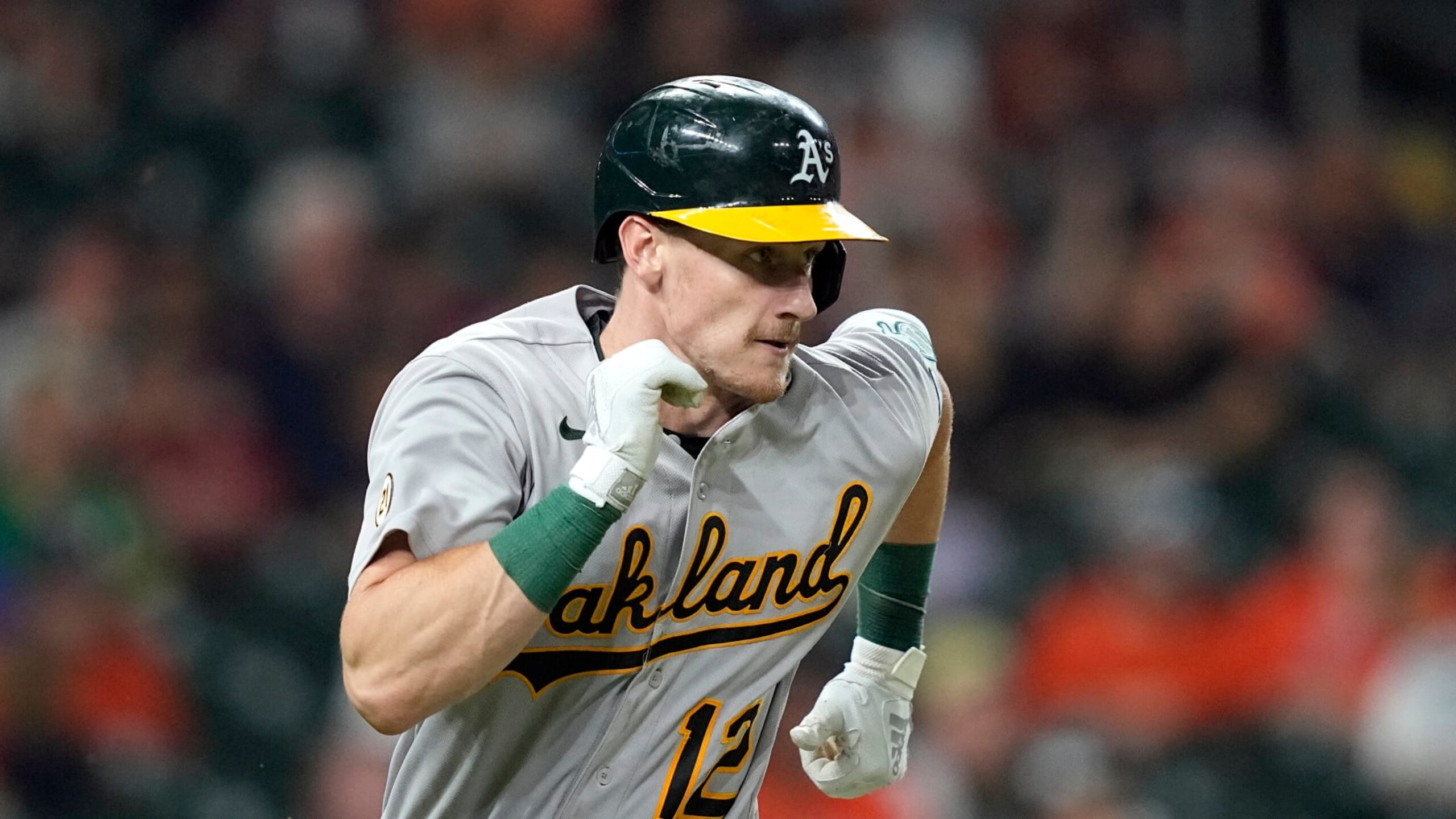Oakland Athletics' Sean Murphy runs up the first base line during the ninth inning of a baseball game against the Houston Astros Thursday, Sept. 15, 2022, in Houston. (AP Photo/David J. Phillip)