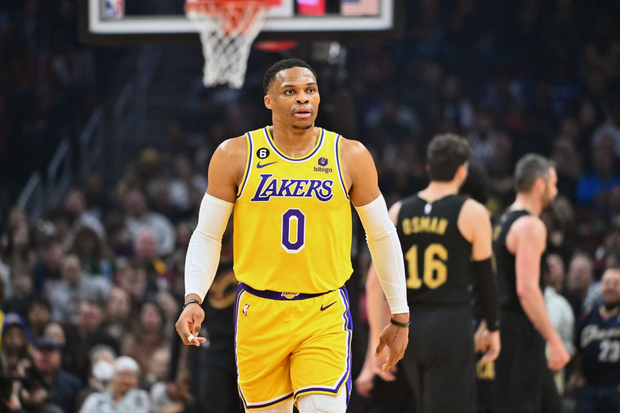 CLEVELAND, OHIO - DECEMBER 06: Russell Westbrook #0 of the Los Angeles Lakers walks to the bench during the first quarter against the Cleveland Cavaliers at Rocket Mortgage Fieldhouse on December 06, 2022 in Cleveland, Ohio. NOTE TO USER: User expressly acknowledges and agrees that, by downloading and or using this photograph, User is consenting to the terms and conditions of the Getty Images License Agreement. (Photo by Jason Miller/Getty Images) CLEVELAND, OHIO - DECEMBER 06: Russell Westbrook #0 of the Los Angeles Lakers walks to the bench during the first quarter against the Cleveland Cavaliers at Rocket Mortgage Fieldhouse on December 06, 2022 in Cleveland, Ohio. NOTE TO USER: User expressly acknowledges and agrees that, by downloading and or using this photograph, User is consenting to the terms and conditions of the Getty Images License Agreement. (Photo by Jason Miller/Getty Images)