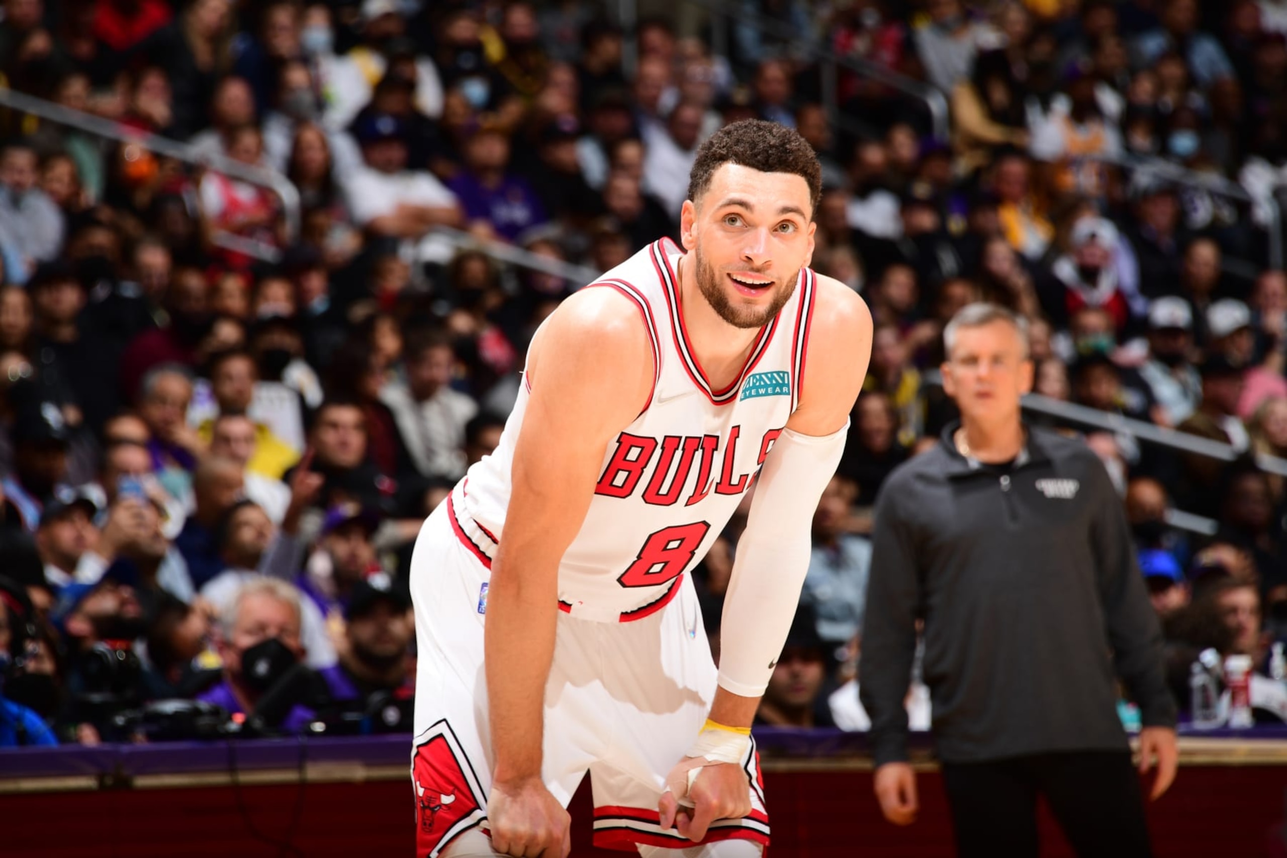 LOS ANGELES, CA - NOVEMBER 15: Zach LaVine #8 of the Chicago Bulls smiles during the game against the Los Angeles Lakers on November 15, 2021 at STAPLES Center in Los Angeles, California. NOTE TO USER: User expressly acknowledges and agrees that, by downloading and/or using this Photograph, user is consenting to the terms and conditions of the Getty Images License Agreement. Mandatory Copyright Notice: Copyright 2021 NBAE (Photo by Adam Pantozzi/NBAE via Getty Images) LOS ANGELES, CA - NOVEMBER 15: Zach LaVine #8 of the Chicago Bulls smiles during the game against the Los Angeles Lakers on November 15, 2021 at STAPLES Center in Los Angeles, California. NOTE TO USER: User expressly acknowledges and agrees that, by downloading and/or using this Photograph, user is consenting to the terms and conditions of the Getty Images License Agreement. Mandatory Copyright Notice: Copyright 2021 NBAE (Photo by Adam Pantozzi/NBAE via Getty Images)