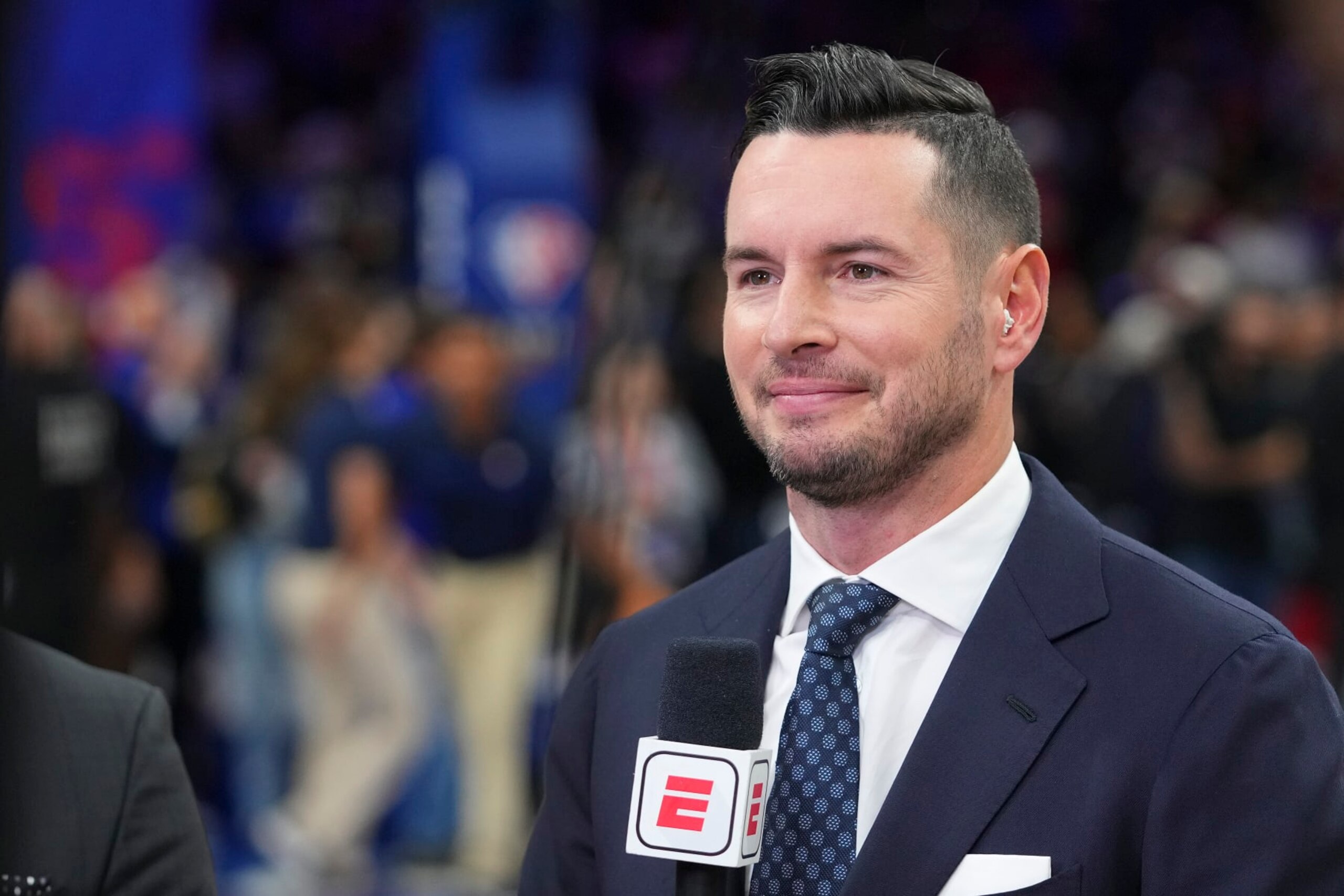 PHILADELPHIA, PA - MARCH 02: ESPN analyst JJ Redick looks on prior to the game between the New York Knicks and Philadelphia 76ers at the Wells Fargo Center on March 2, 2022 in Philadelphia, Pennsylvania. NOTE TO USER: User expressly acknowledges and agrees that, by downloading and or using this photograph, User is consenting to the terms and conditions of the Getty Images License Agreement. (Photo by Mitchell Leff/Getty Images)