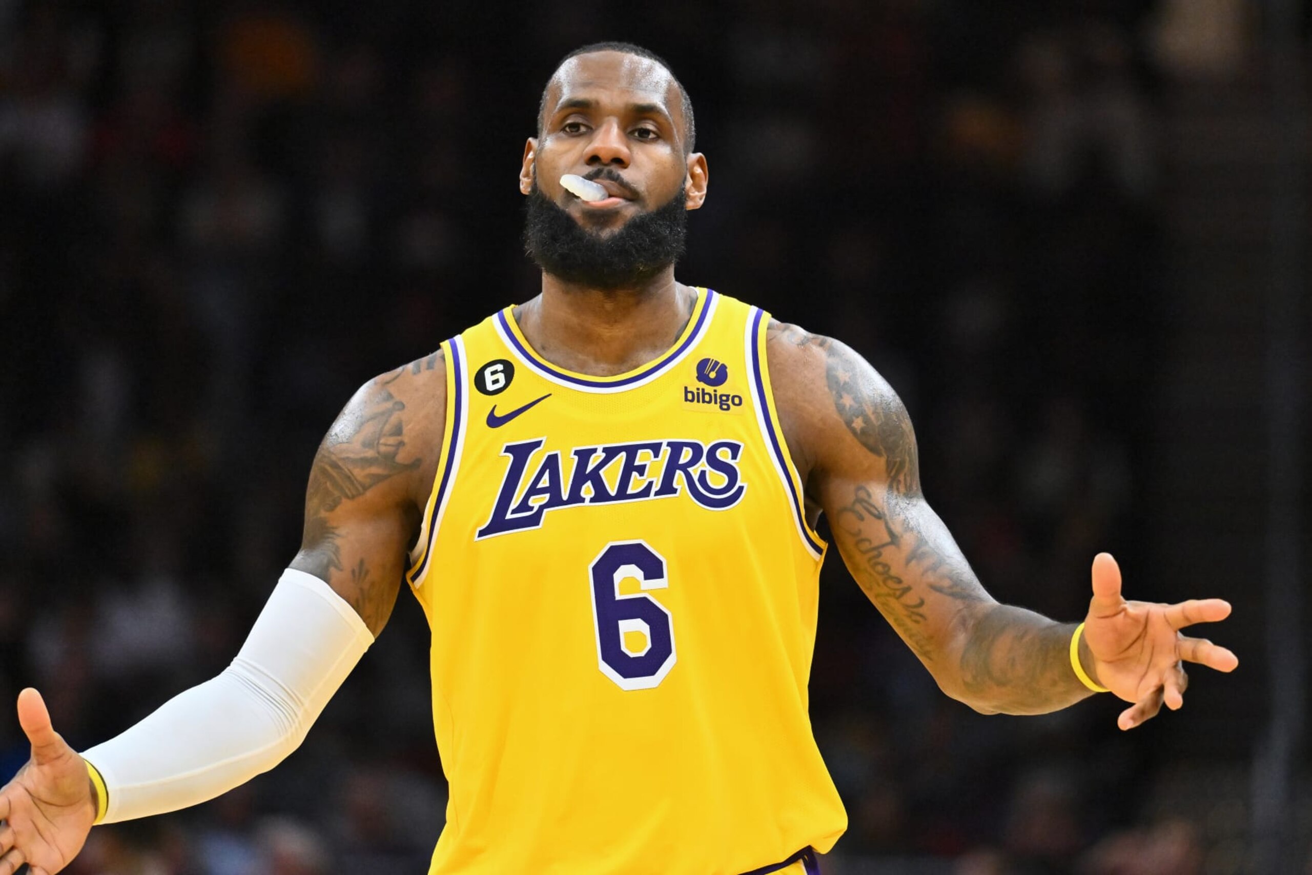 CLEVELAND, OHIO - DECEMBER 06: LeBron James #6 of the Los Angeles Lakers shrugs in reaction during the third quarter against the Cleveland Cavaliers at Rocket Mortgage Fieldhouse on December 06, 2022 in Cleveland, Ohio. The Cavaliers defeated the Lakers 115-100. NOTE TO USER: User expressly acknowledges and agrees that, by downloading and or using this photograph, User is consenting to the terms and conditions of the Getty Images License Agreement. (Photo by Jason Miller/Getty Images)