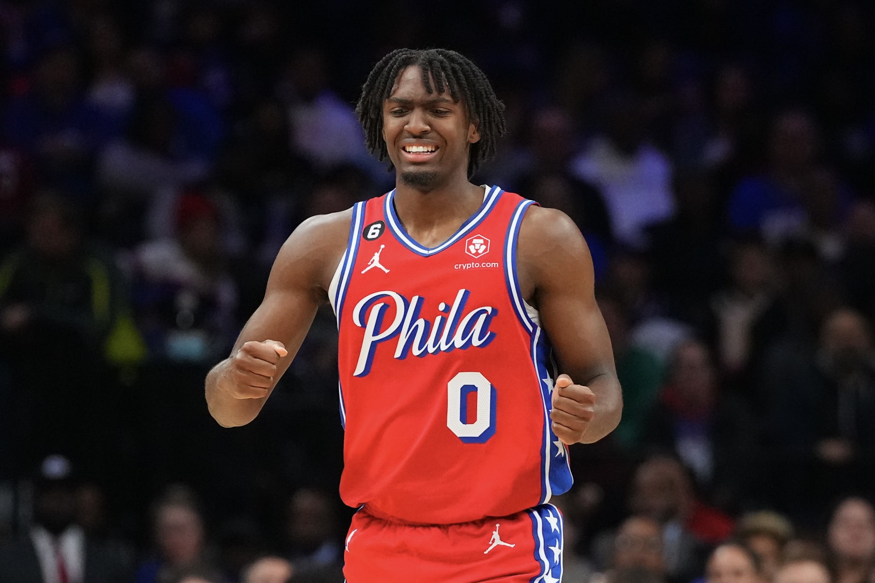 PHILADELPHIA, PA - NOVEMBER 18: Tyrese Maxey #0 of the Philadelphia 76ers reacts after an injury against the Milwaukee Bucks in the second quarter at the Wells Fargo Center on November 18, 2022 in Philadelphia, Pennsylvania. NOTE TO USER: User expressly acknowledges and agrees that, by downloading and or using this photograph, User is consenting to the terms and conditions of the Getty Images License Agreement. (Photo by Mitchell Leff/Getty Images)