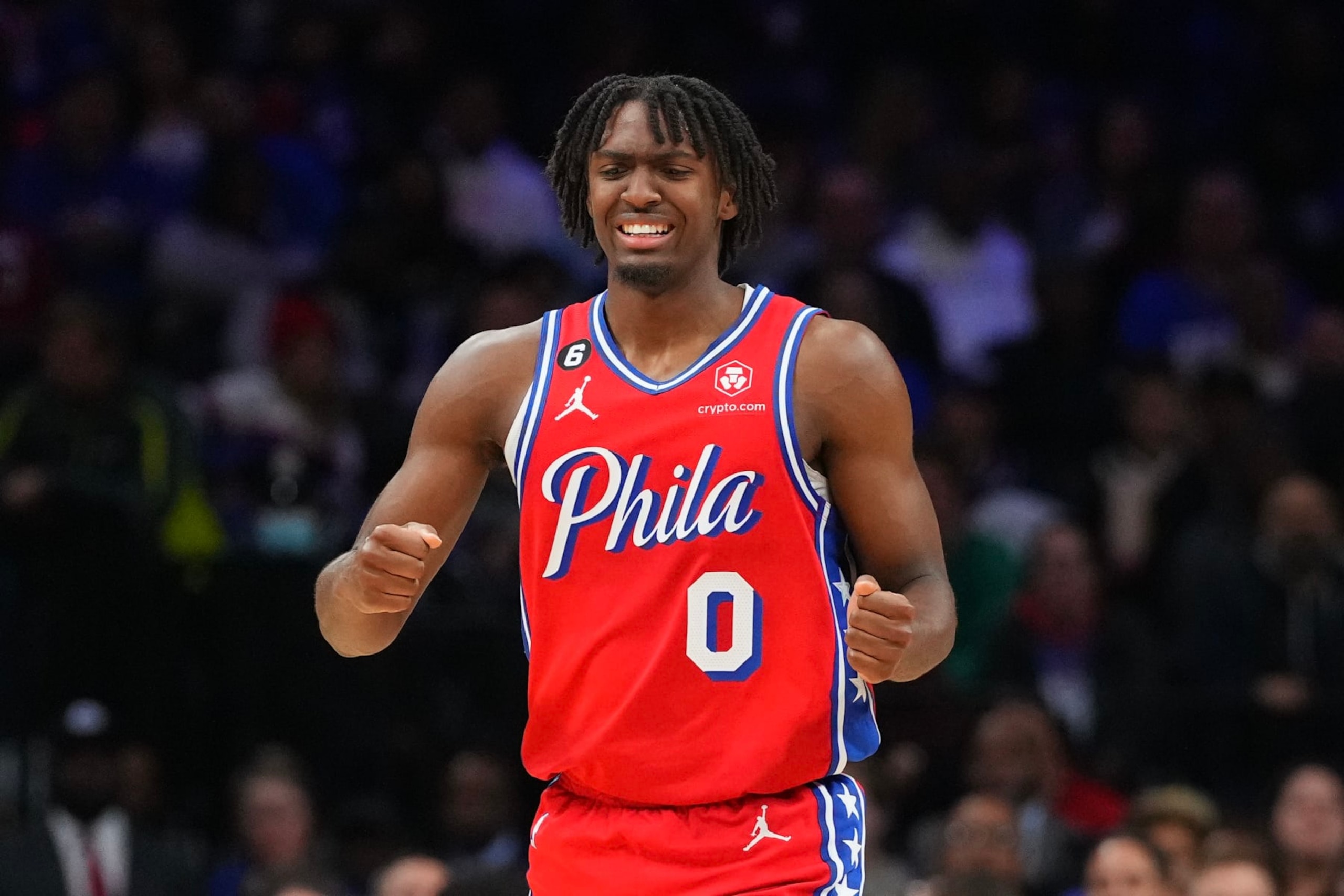 PHILADELPHIA, PA - NOVEMBER 18: Tyrese Maxey #0 of the Philadelphia 76ers reacts after an injury against the Milwaukee Bucks in the second quarter at the Wells Fargo Center on November 18, 2022 in Philadelphia, Pennsylvania. NOTE TO USER: User expressly acknowledges and agrees that, by downloading and or using this photograph, User is consenting to the terms and conditions of the Getty Images License Agreement. (Photo by Mitchell Leff/Getty Images)